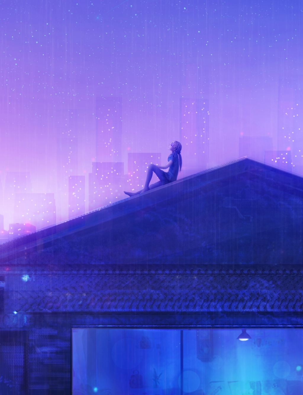 Wallpaper Raining, Stars, Purple Sky, Buildings, Anime Girl, Rooftop, Scenic:3840x2400