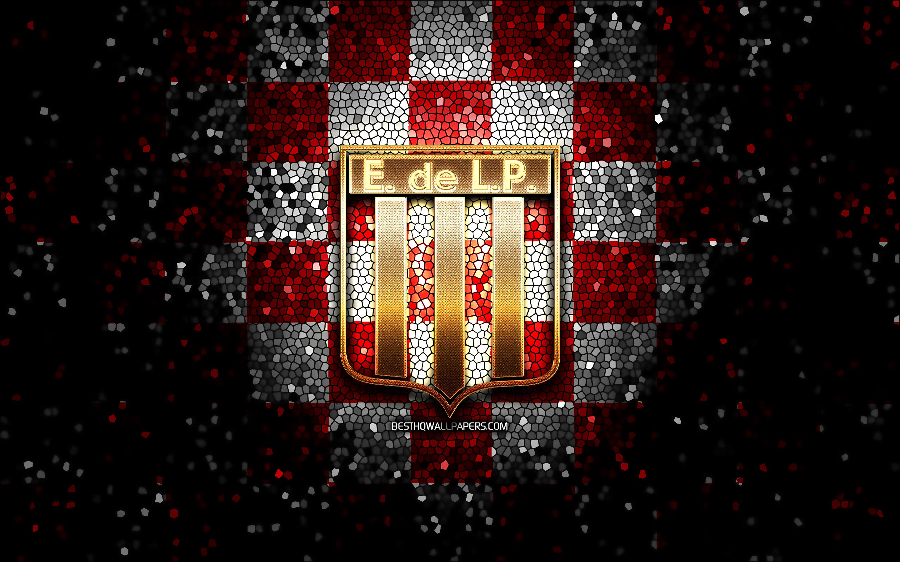 Download wallpaper Estudiantes FC, glitter logo, Argentine Primera Division, red white checkered background, soccer, argentinian football club, Estudiantes de La Plata logo, mosaic art, football, Club Estudiantes de La Plata for desktop