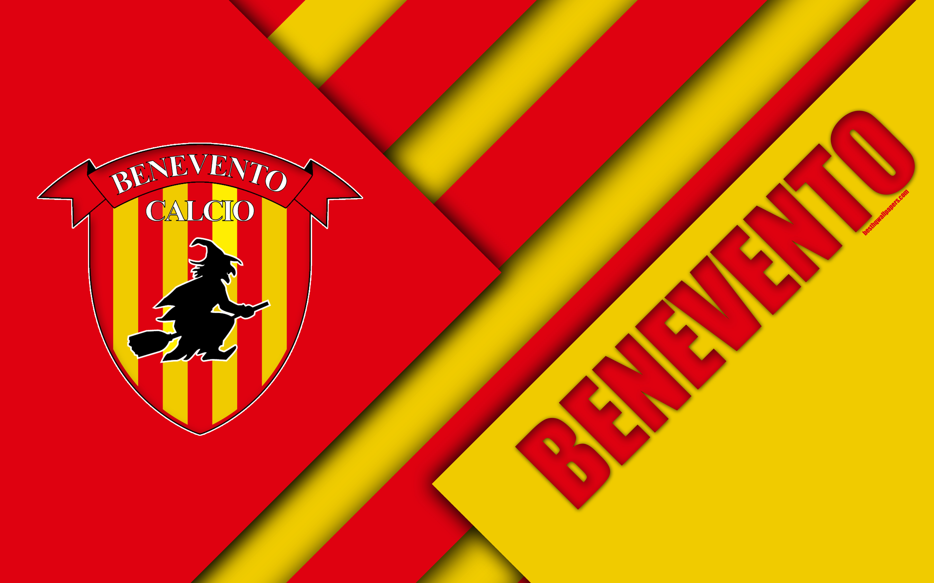 Download wallpaper Benevento Calcio, logo, 4k, material design, football, Serie A, Benevento, Campania, Italy, red yellow abstraction, Italian football club for desktop with resolution 3840x2400. High Quality HD picture wallpaper