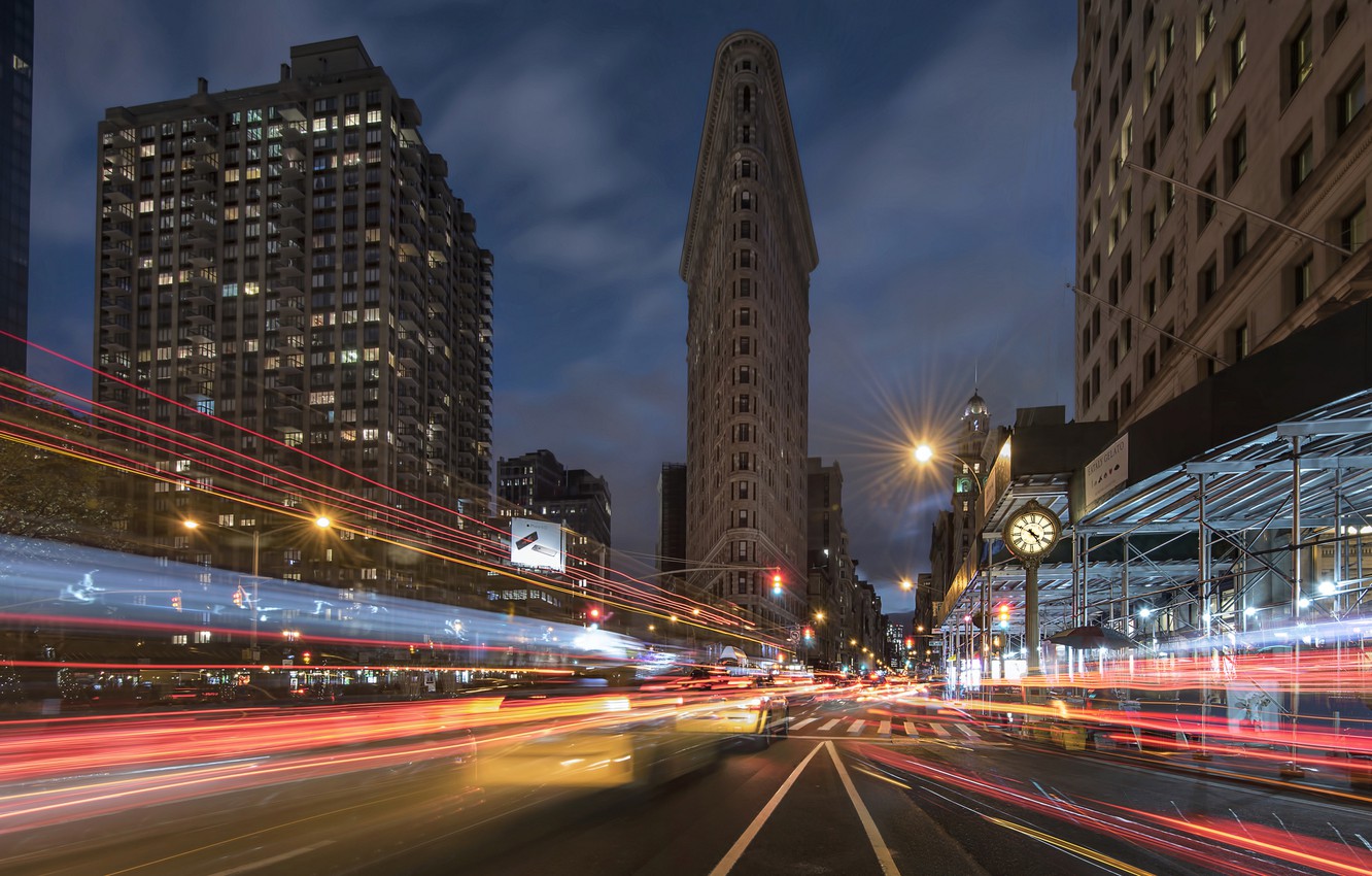 Wallpaper road, street, building, New York, night city, Manhattan, Manhattan, New York City, skyscraper, Flatiron Building, Flatiron building image for desktop, section город