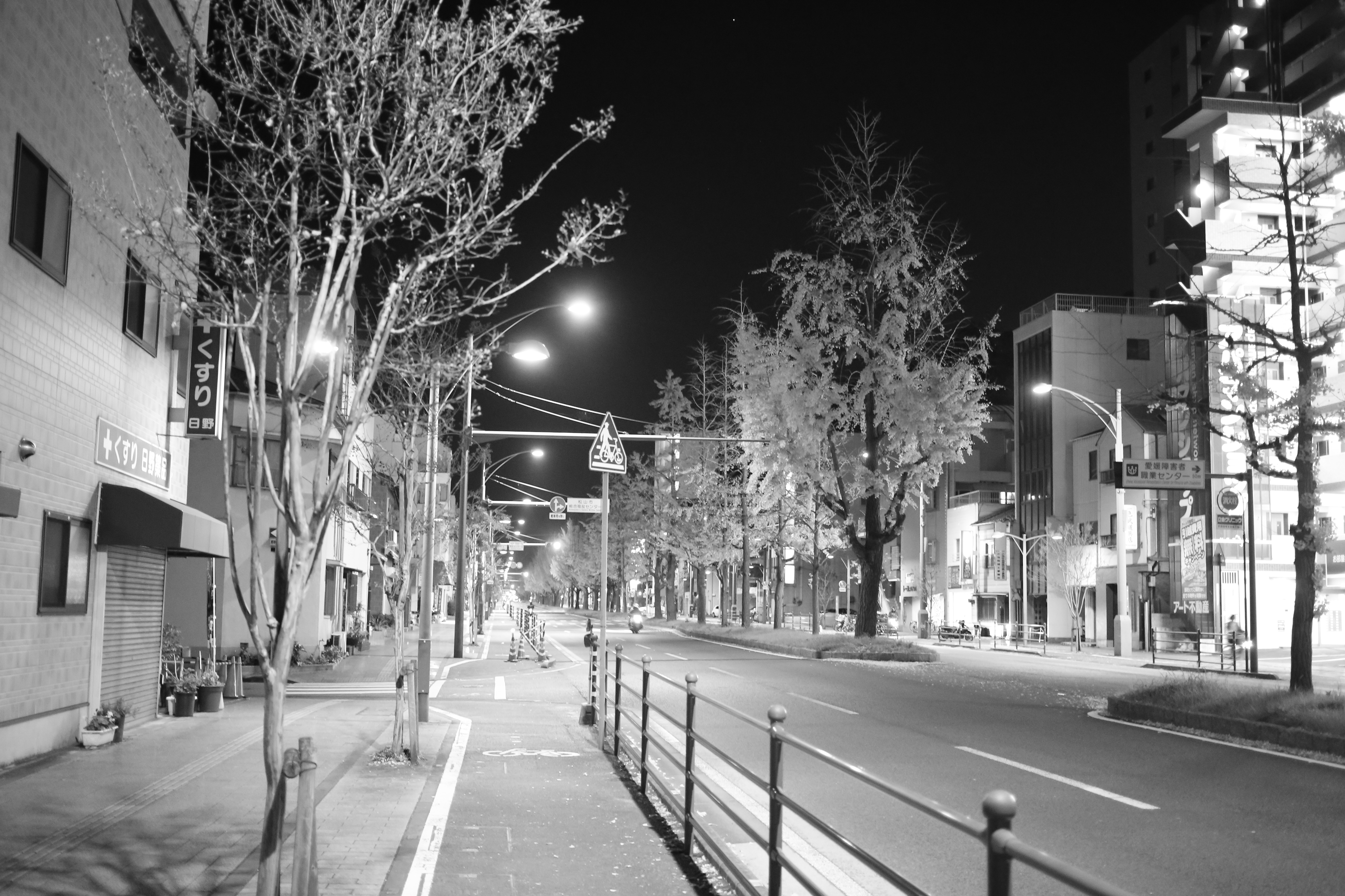 Monochrome Photo of an Empty City Street in the Night Time · Free