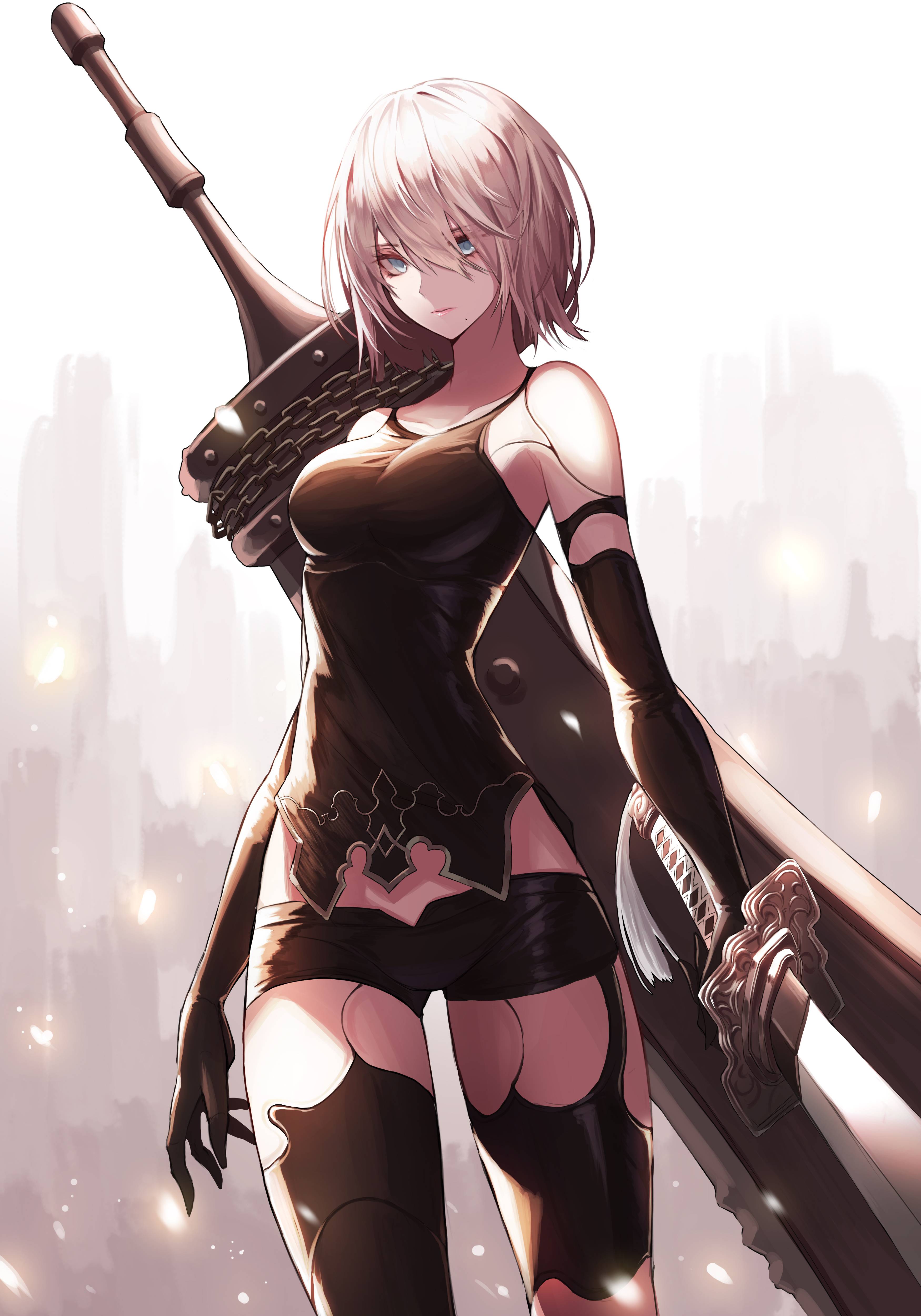Nier:Automata, A2 Re:scale for SS7 wallpaper and can you make a 2nd copy with black background (or just dimming it) keeping those little sparks if possible please