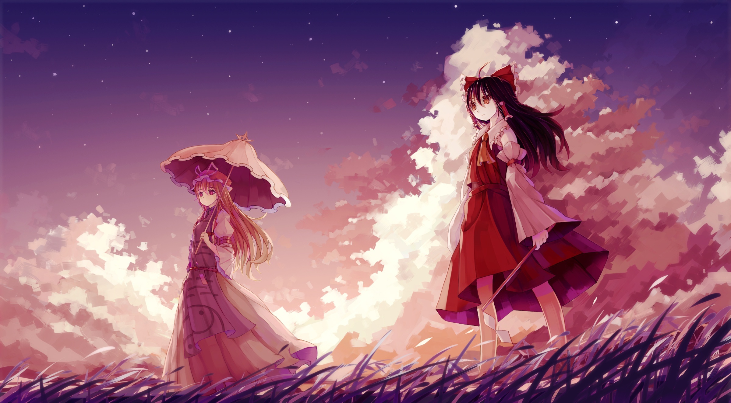 Wallpaper Clouds, Touhou, Blonde, Yukari Yakumo, Hakurei Reimu, Scenic:2400x1325