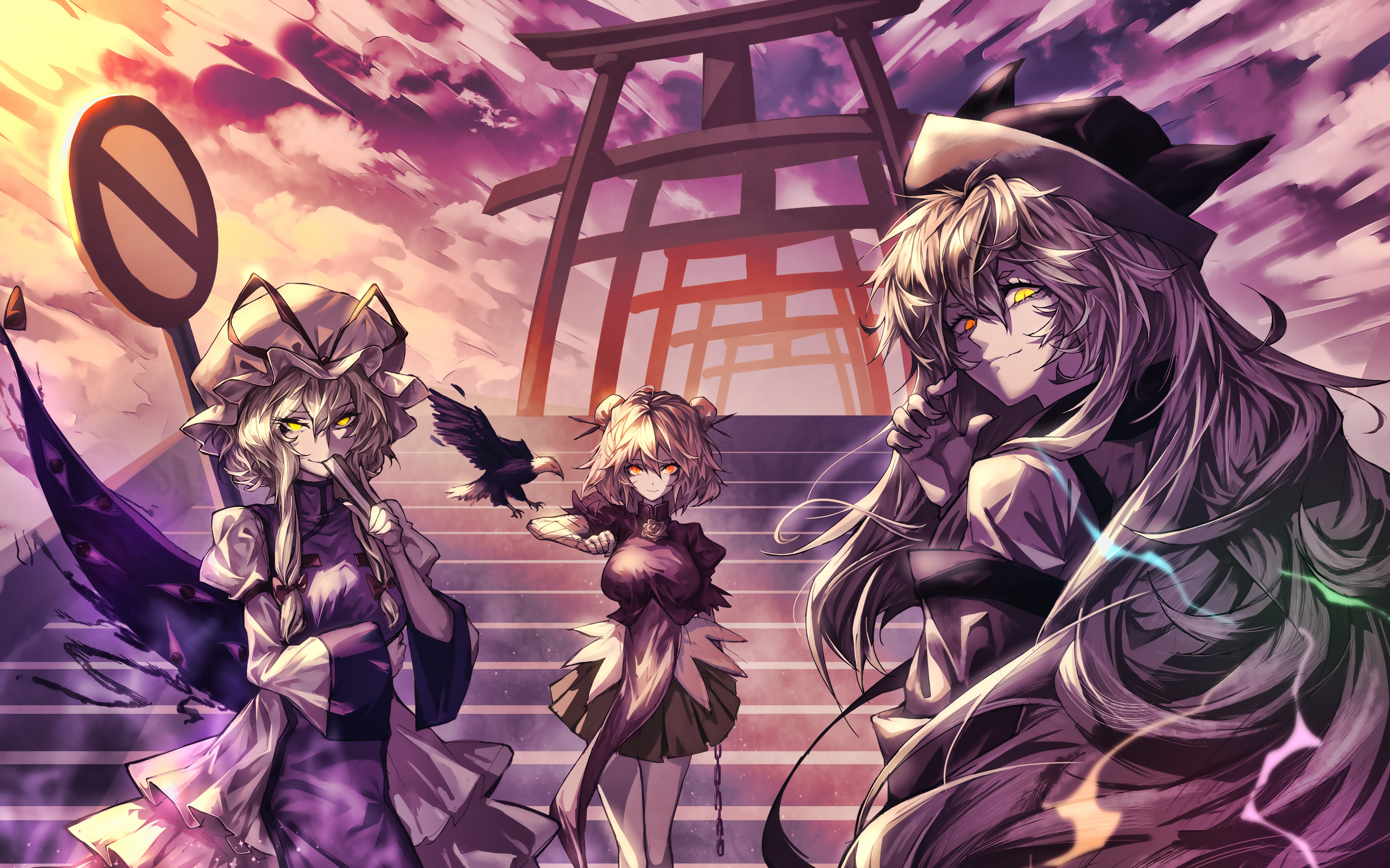 Download wallpaper Okina Matara, Kasen Ibaraki, Yukari Yakumo, 4k, manga, protagonists, Touhou, Touhou Project, Touhou characters for desktop with resolution 3840x2400. High Quality HD picture wallpaper
