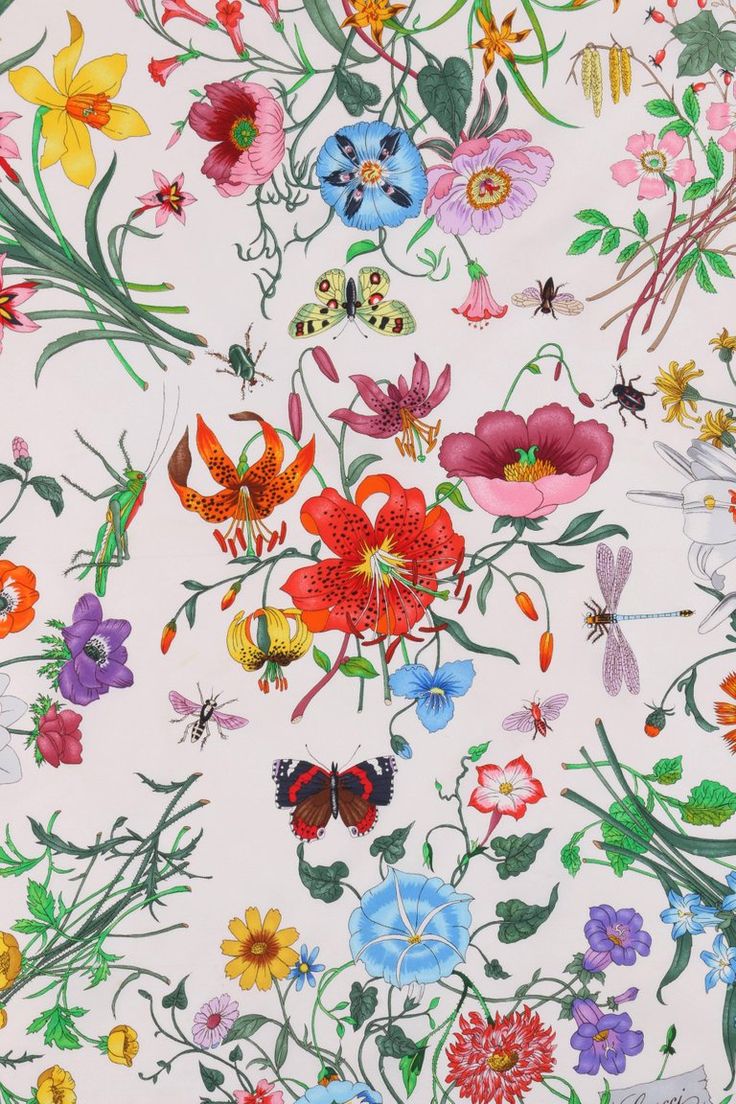 GUCCI Vittorio Accornero Flora White Multicolor Iconic Floral Print Silk Scarf. Floral print background, Floral print wallpaper, Floral background