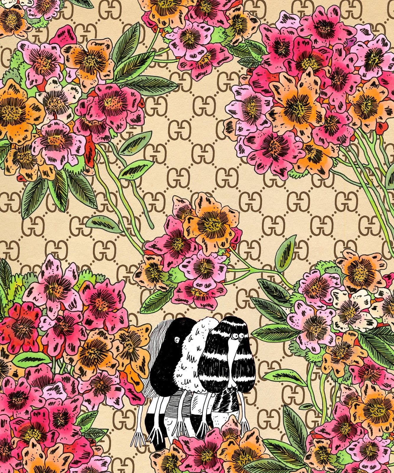 Butterfly Flower Wallpaper in Beige - Gucci