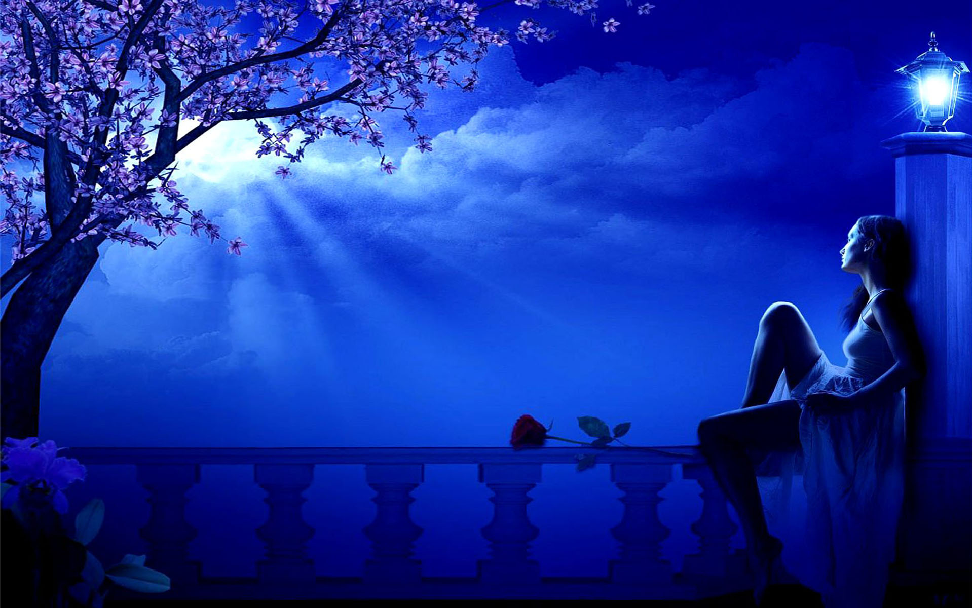 Free download Blue Moon spring night girl dreamer blossoming tree street lamp [1920x1200] for your Desktop, Mobile & Tablet. Explore Moon Romance Wallpaper. Romance Wallpaper, Moon Wallpaper, My Chemical Romance Background