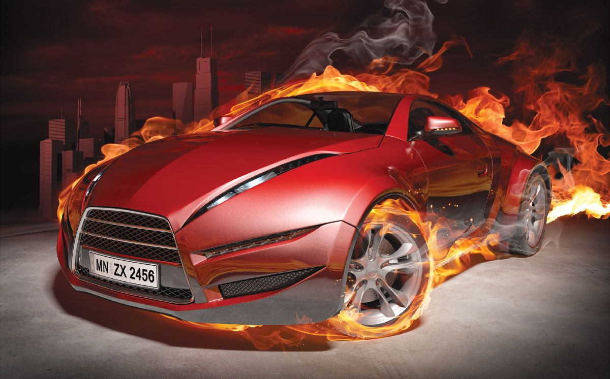 Wallpaper mural red sports car in flames