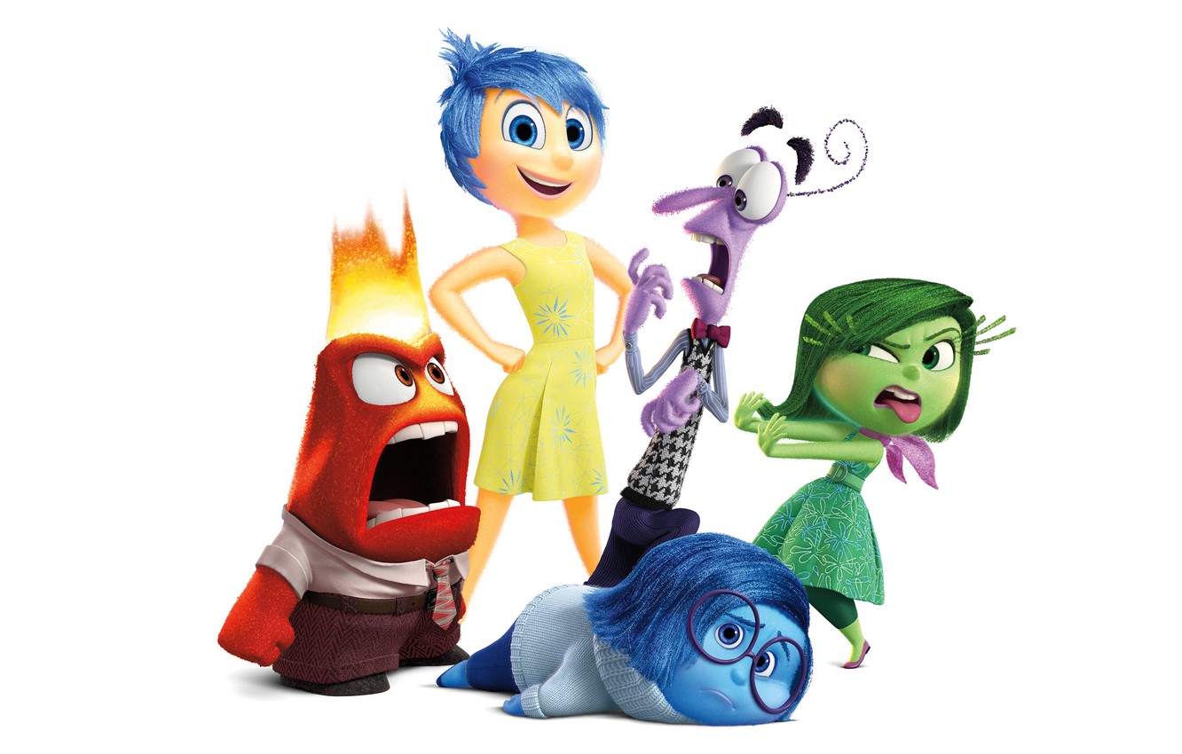 Wallpaper emotions, cartoon, white background, Disney, Fear, Pixar, Puzzle, characters, Joy, Inside Out, Anger, Disgust, Sadness image for desktop, section фильмы