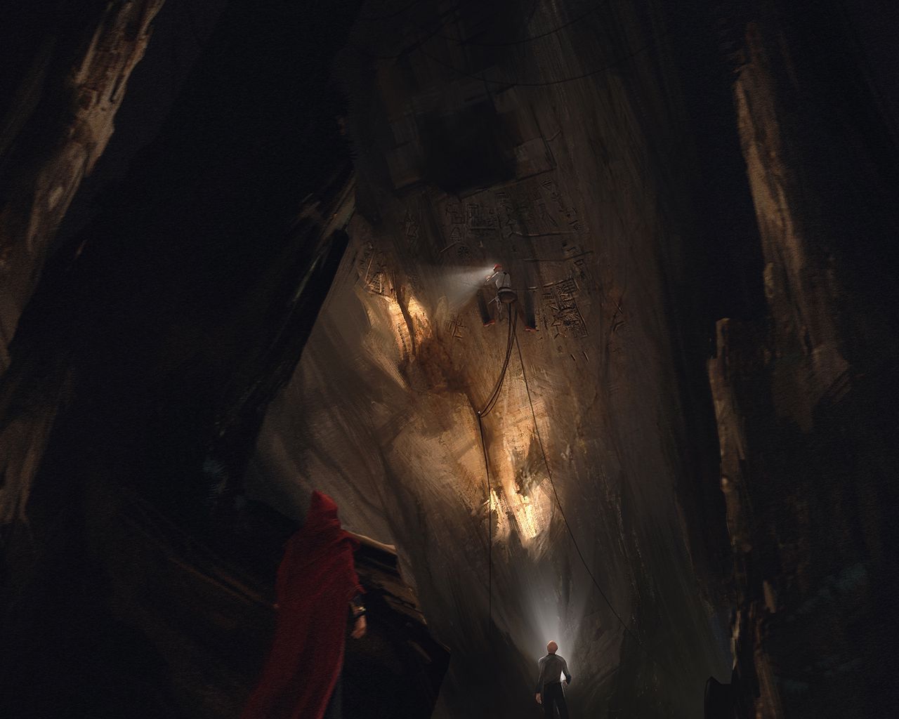 Download wallpaper 1280x1024 cave, people, art, rock climbing, dark standard 5:4 HD background