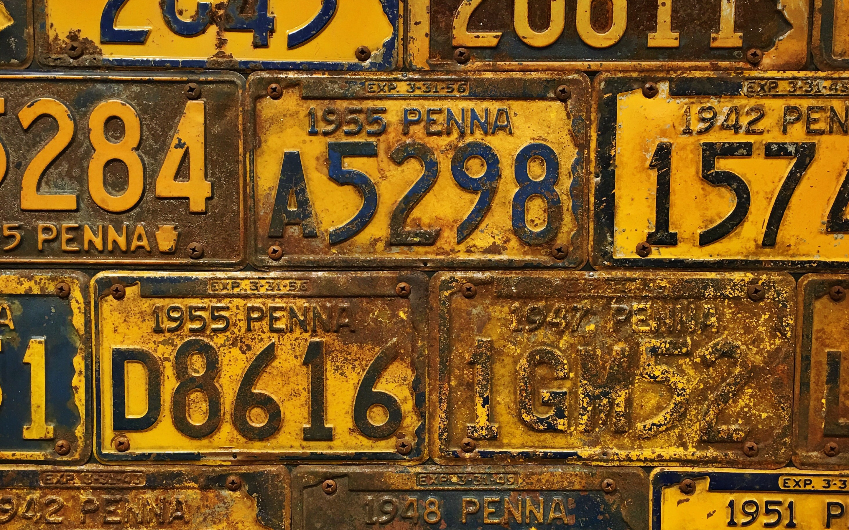 Download wallpaper old yellow car numbers, car numbers texture, license plate background, old iron background, background with license plates for desktop with resolution 2880x1800. High Quality HD picture wallpaper