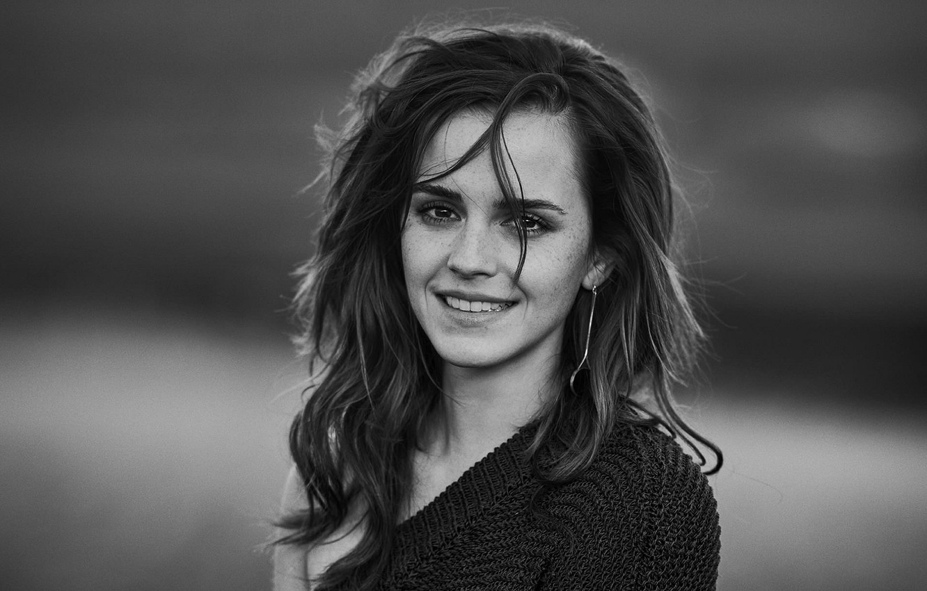 Wallpaper girl, black & white, actress, girl, Emma Watson, Emma Watson, photohoot, smile, actress image for desktop, section девушки