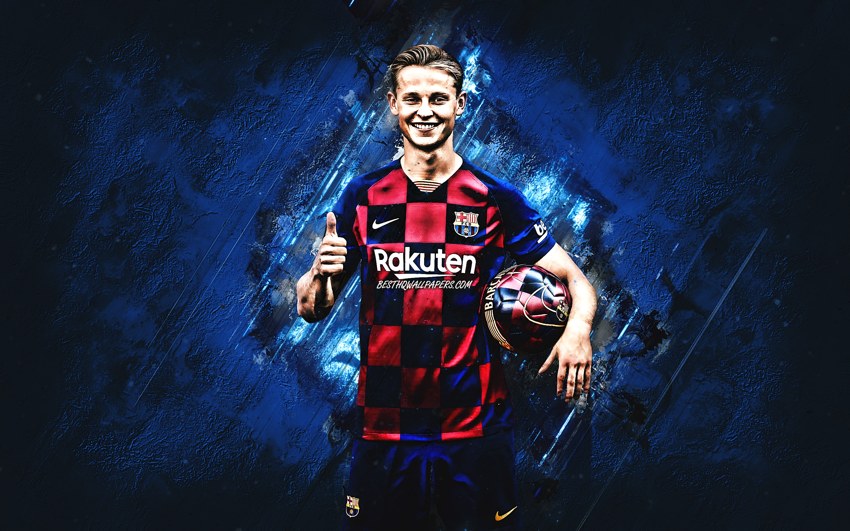 Download wallpaper Frenkie de Jong, FC Barcelona, photohoot, Dutch soccer player, midfielder, portrait, blue stone background, La Liga, Spain, football for desktop with resolution 2880x1800. High Quality HD picture wallpaper