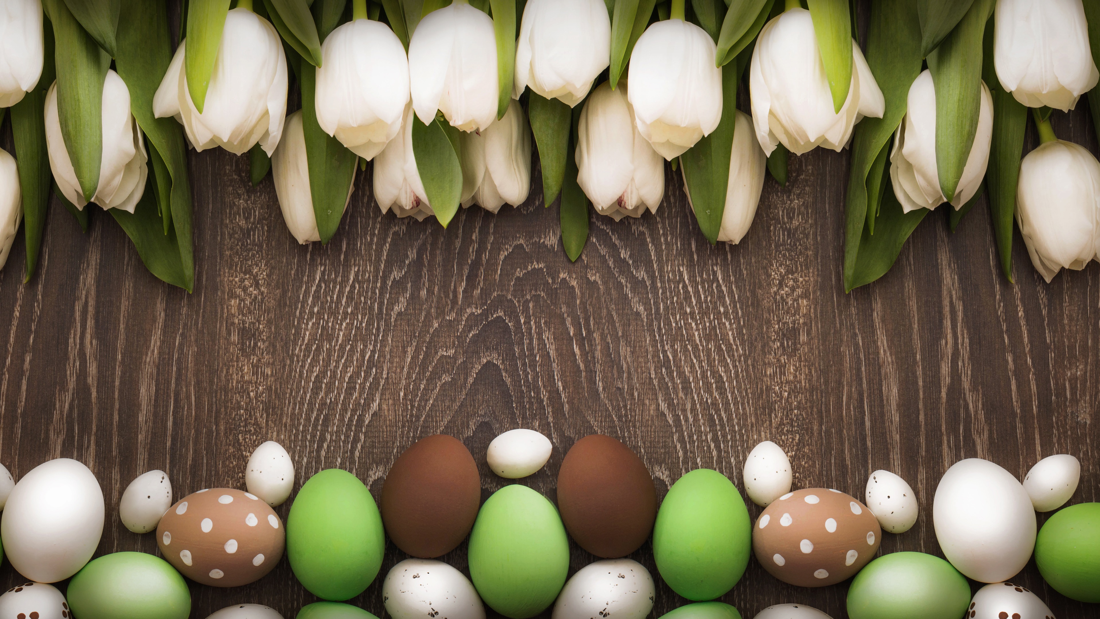 Wallpaper Easter theme, white tulips, colorful eggs, wood board 3840x2160 UHD 4K Picture, Image