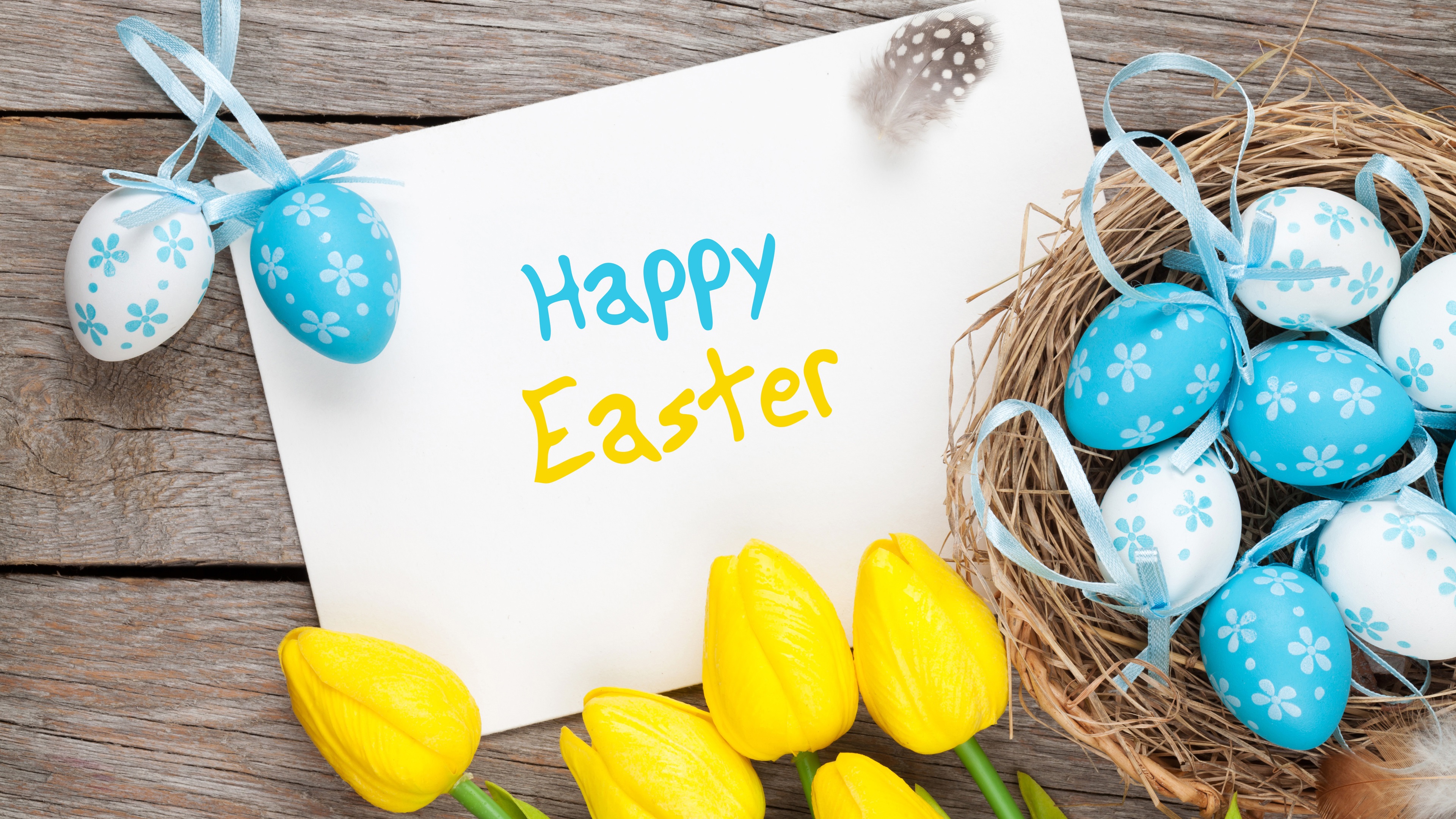 Wallpaper Happy Easter, eggs, yellow tulips 3840x2160 UHD 4K Picture, Image