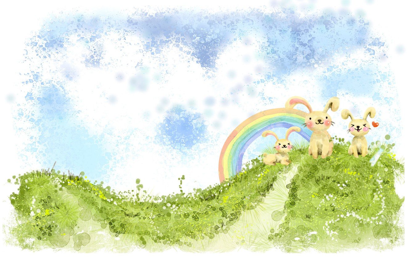 Wallpaper greens, clouds, figure, rainbow, hill, rabbits, Kawai, heart, bunnies image for desktop, section рендеринг