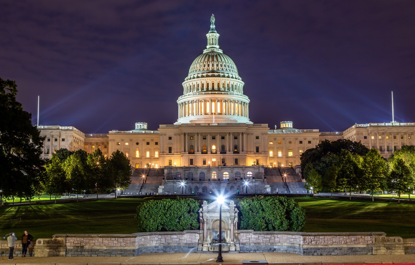 Wallpaper photo, Home, The evening, The city, Washington, USA, Street lights, Capitol Building image for desktop, section город