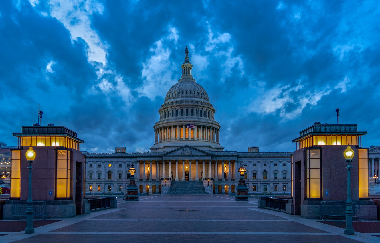 Wallpaper the sky, clouds, lights, the evening, area, lights, Washington, USA, Palace, United States Capitol image for desktop, section город