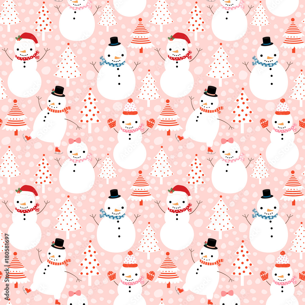 Cute vector winter seamless pattern with cartoon snowmen in flat style with hats and scarves on pink background with Christmas trees Stock Vector