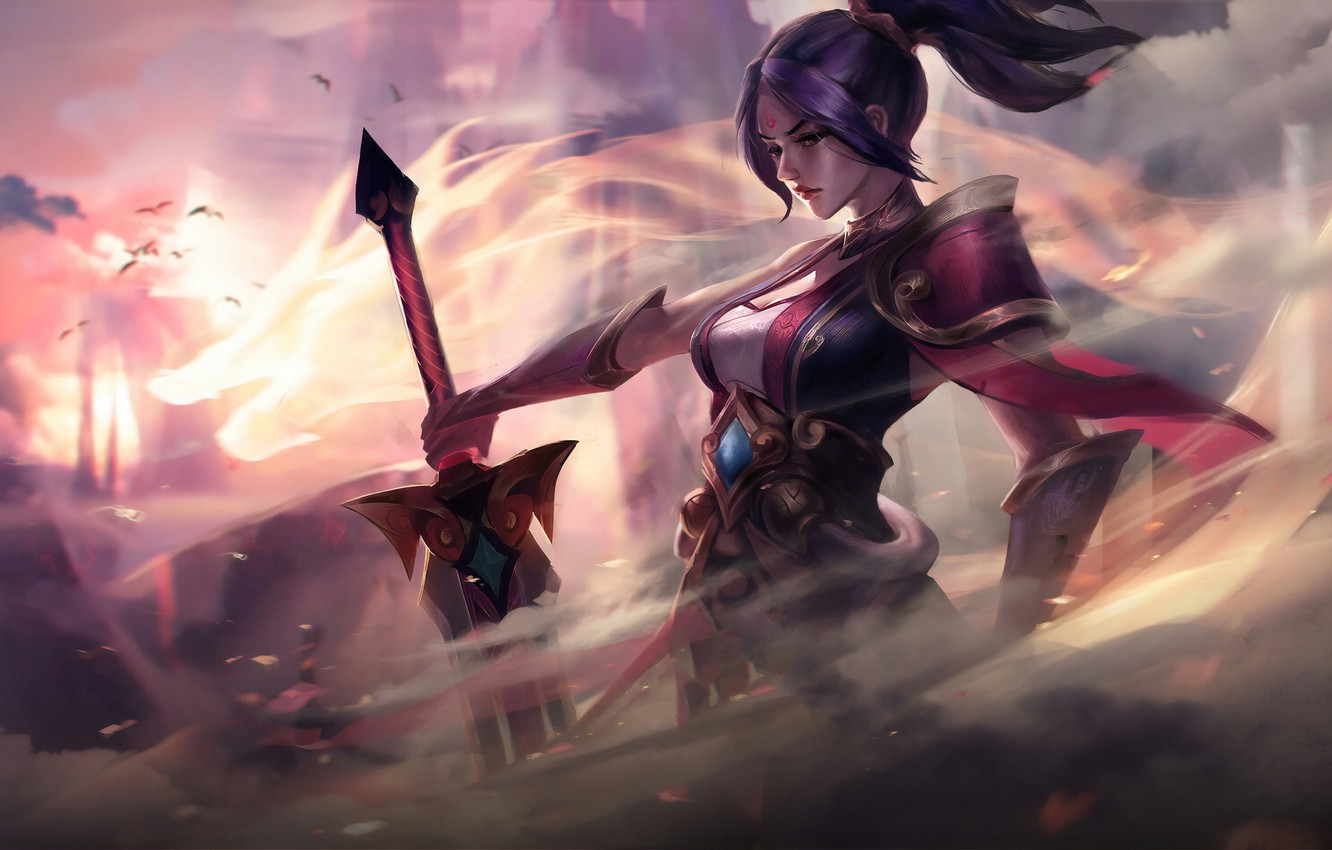 Wallpaper girl, sword, fantasy, game, League of Legends, digital art, artwork, warrior, fantasy art, Riven, fantasy girl, smoke background image for desktop, section игры