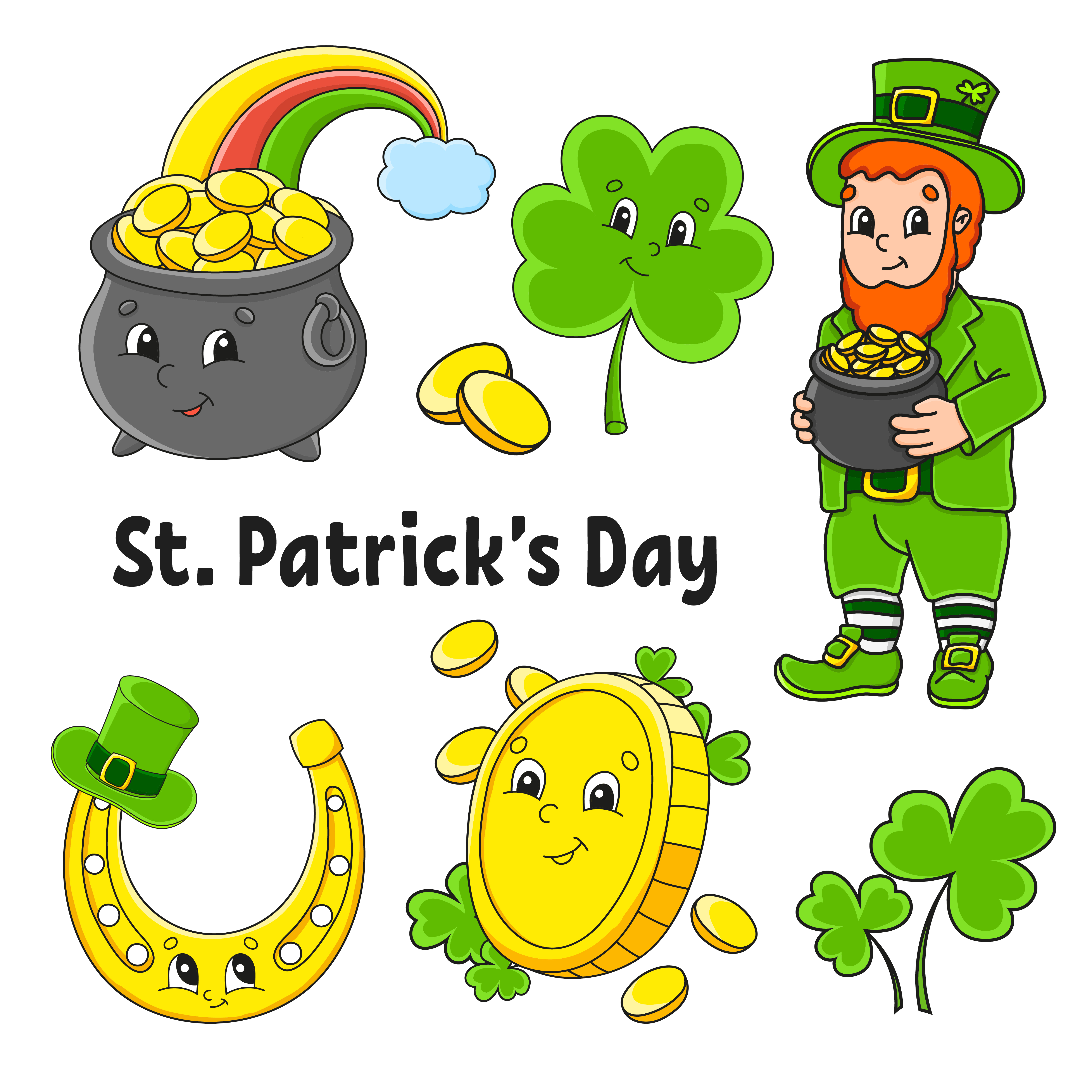 Set of color stickers for kids. Leprechaun with a pot of gold, gold coin, clover, magic rainbow, horseshoe. St. Patrick's Day. Cartoon characters. Black stroke. Isolated vector illustration. Vector Art