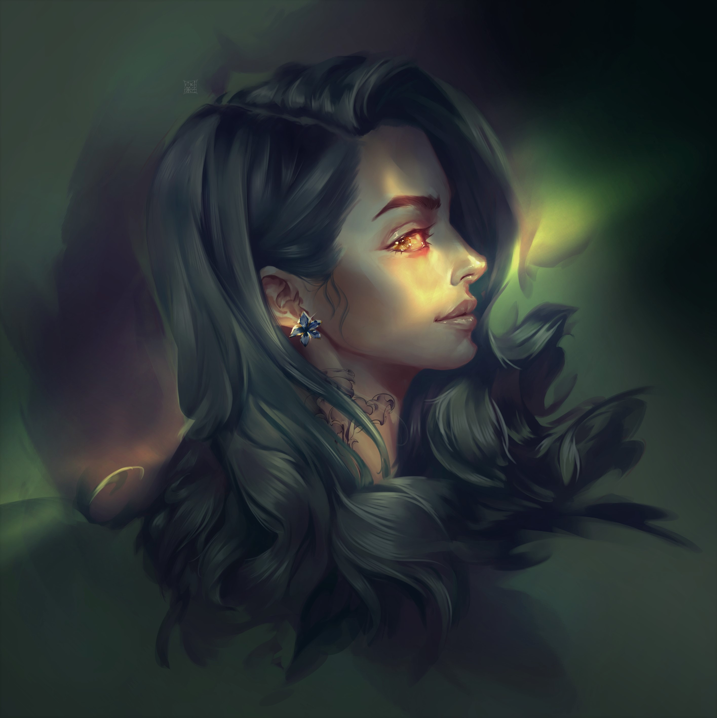 Yufei Zhong Side View Digital Painting Dark Hair Orange Eyes Tattoo Digital Art Artwork Women ArtSta Wallpaper:2831x2834