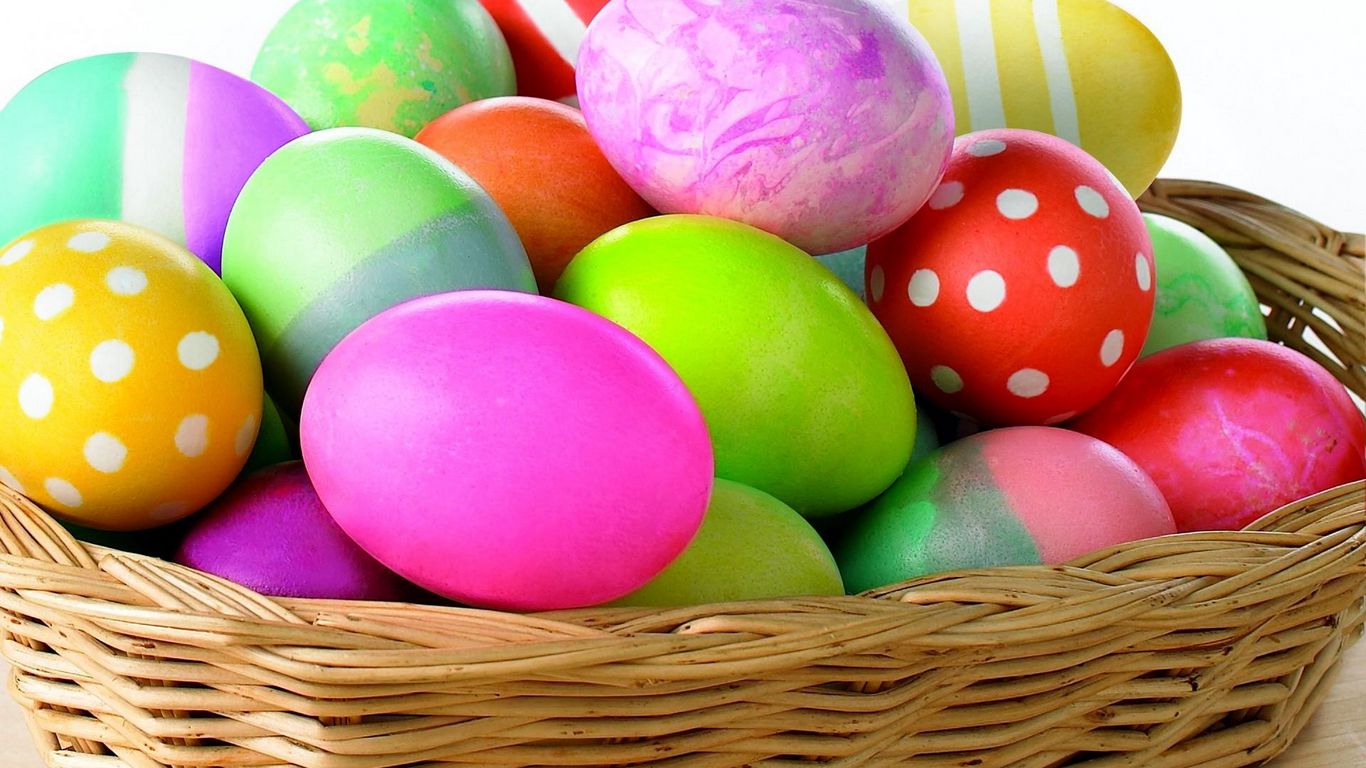 Download wallpaper 1366x768 easter, holiday, eggs, colored, bright, mountain, colorful, basket tablet, laptop HD background