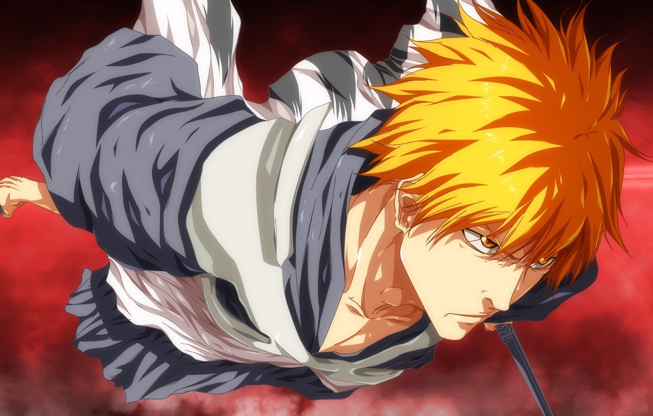 Wallpaper battlefield, sword, game, Bleach, anime, japanese clothes, katana, man, boy, fight, asian, Kurosaki Ichigo, manga, japanese, orange eyes, orange hair image for desktop, section сёнэн