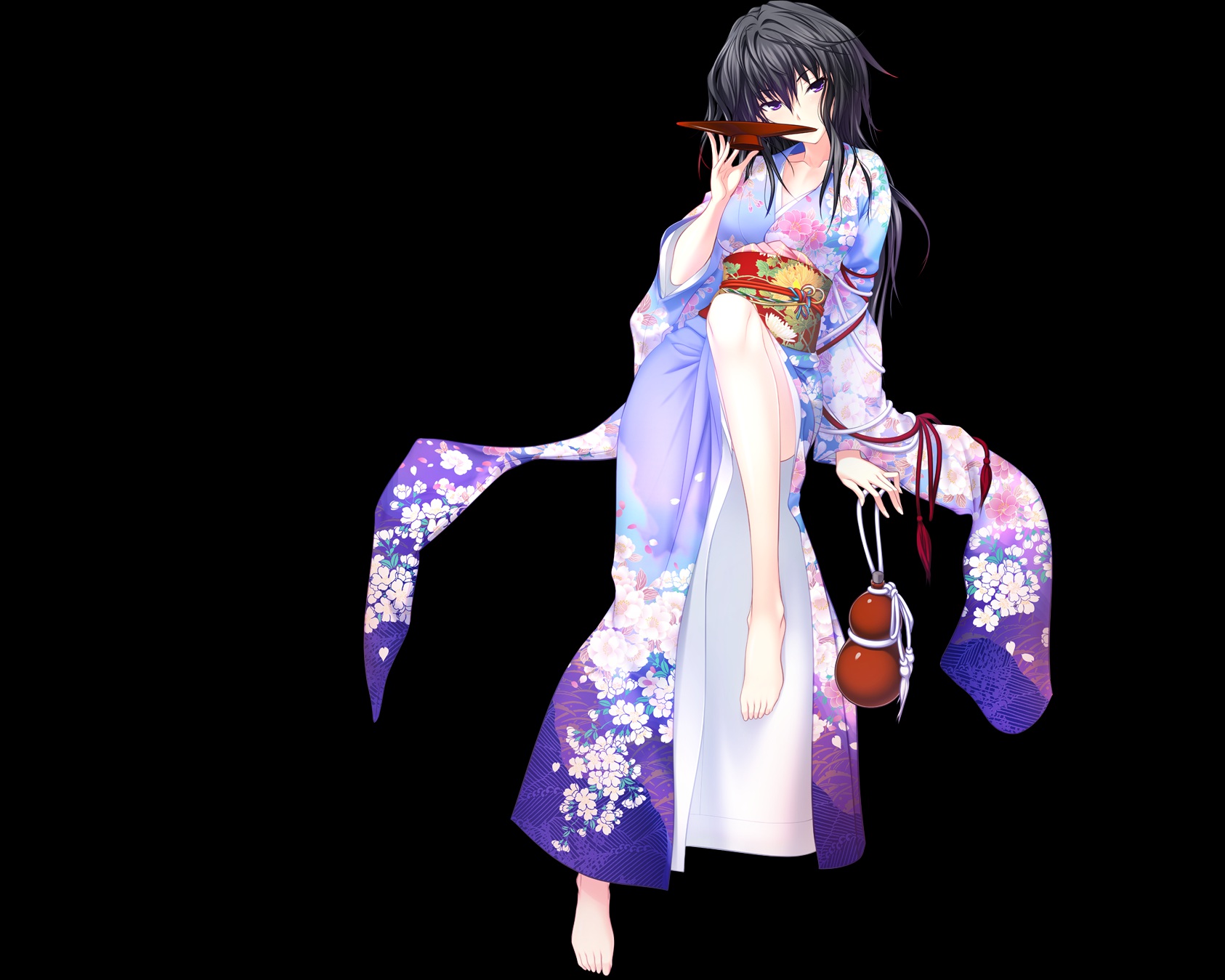 Barefoot black hair japanese clothes kawagishi keitarou kimono long hair maji de watashi ni koi shinasai! musashibou benkei sake transparent wallpaperx1349