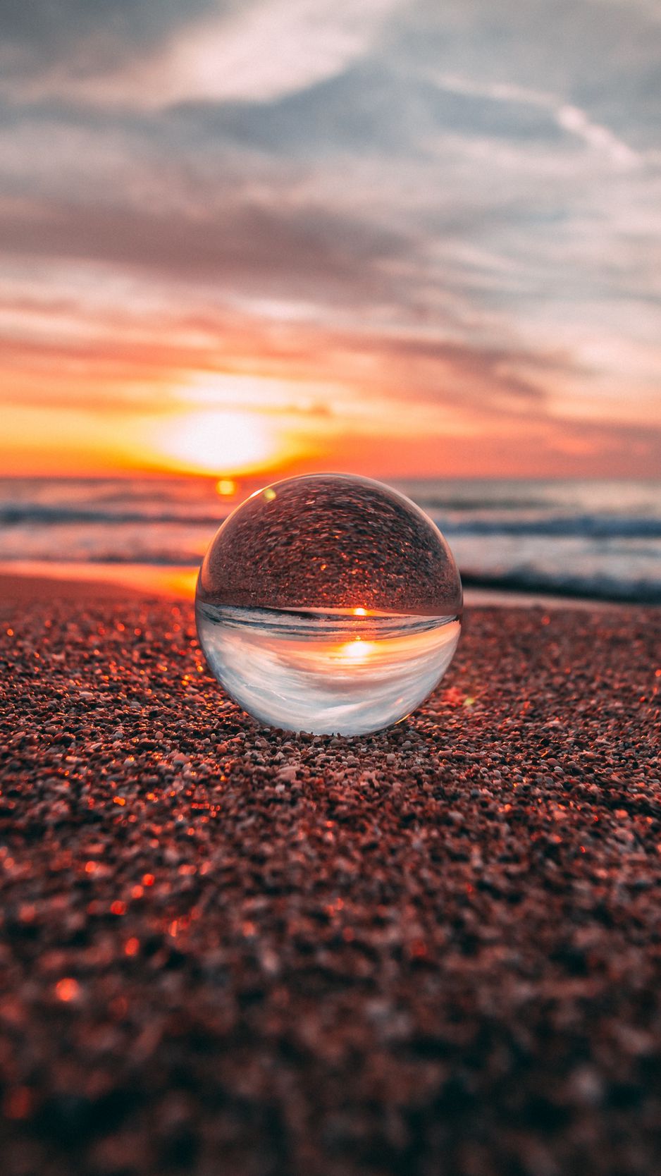 Download Wallpaper 938x1668 Ball, Glass, Reflection, Sea, Sunset, Shore Iphone 8 7 6s 6 For Parallax HD Background