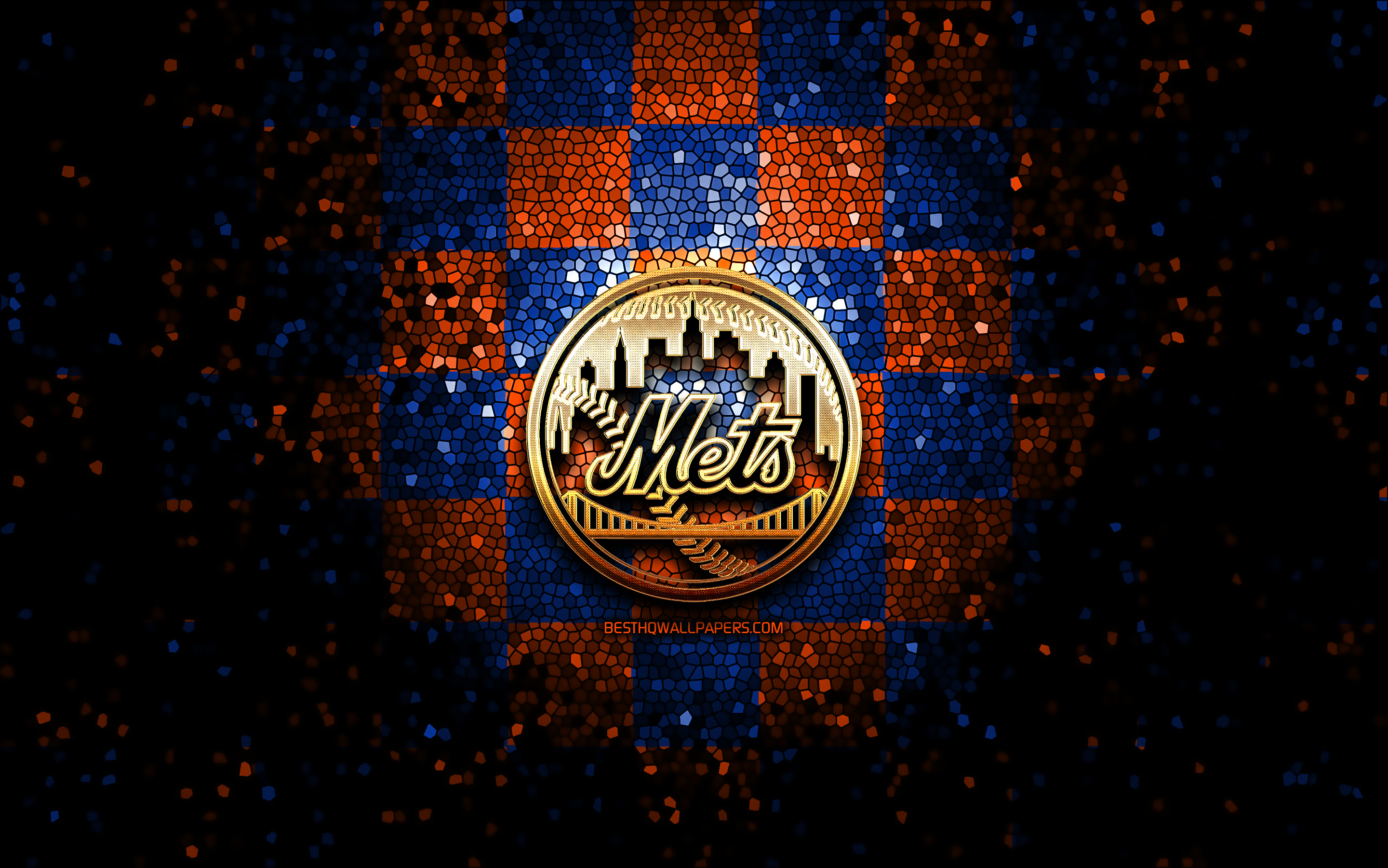 Download wallpaper New York Mets, glitter logo, MLB, blue orange checkered background, USA, american baseball team, New York Mets logo, mosaic art, baseball, America, NY Mets for desktop with resolution 2880x1800. High