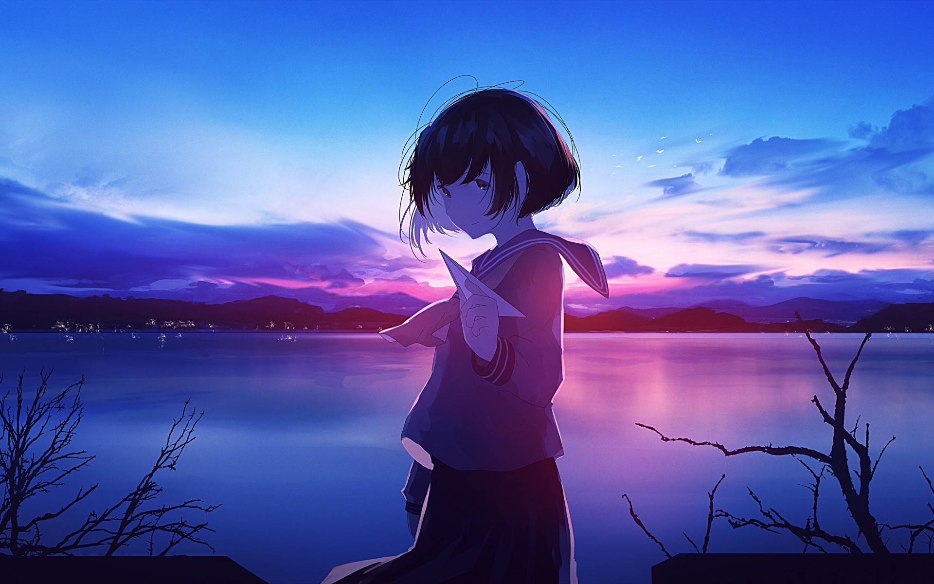 Anime School Girl, Horizon, Short Hair, Twilight, Paper Lonely Anime Girl