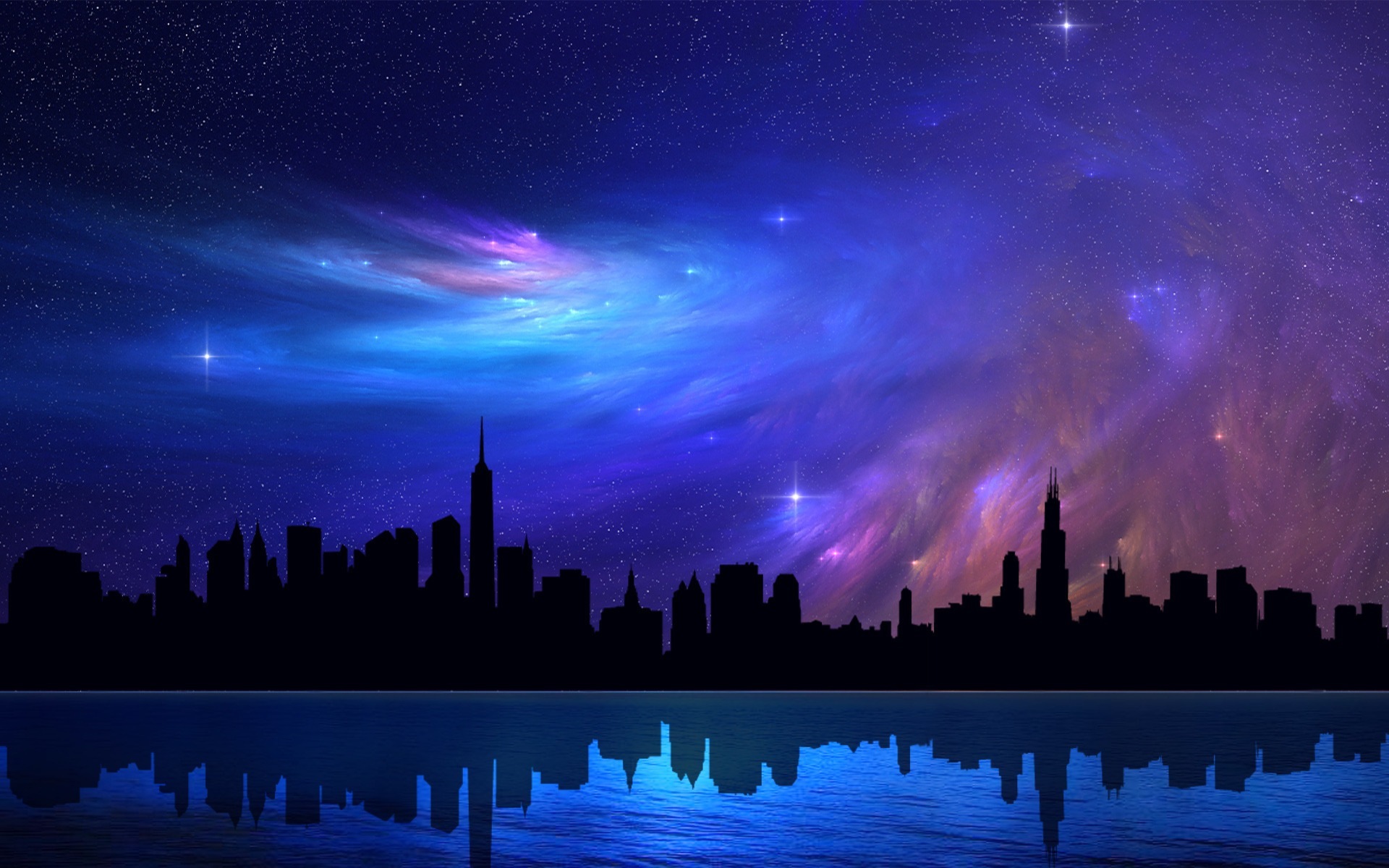 chicago, Skyscrapers, Sky, Skyscrapers, Abstraction, Stars, Night, Reflection, Beautiful, Dreamy, Nebula Wallpaper HD / Desktop and Mobile Background