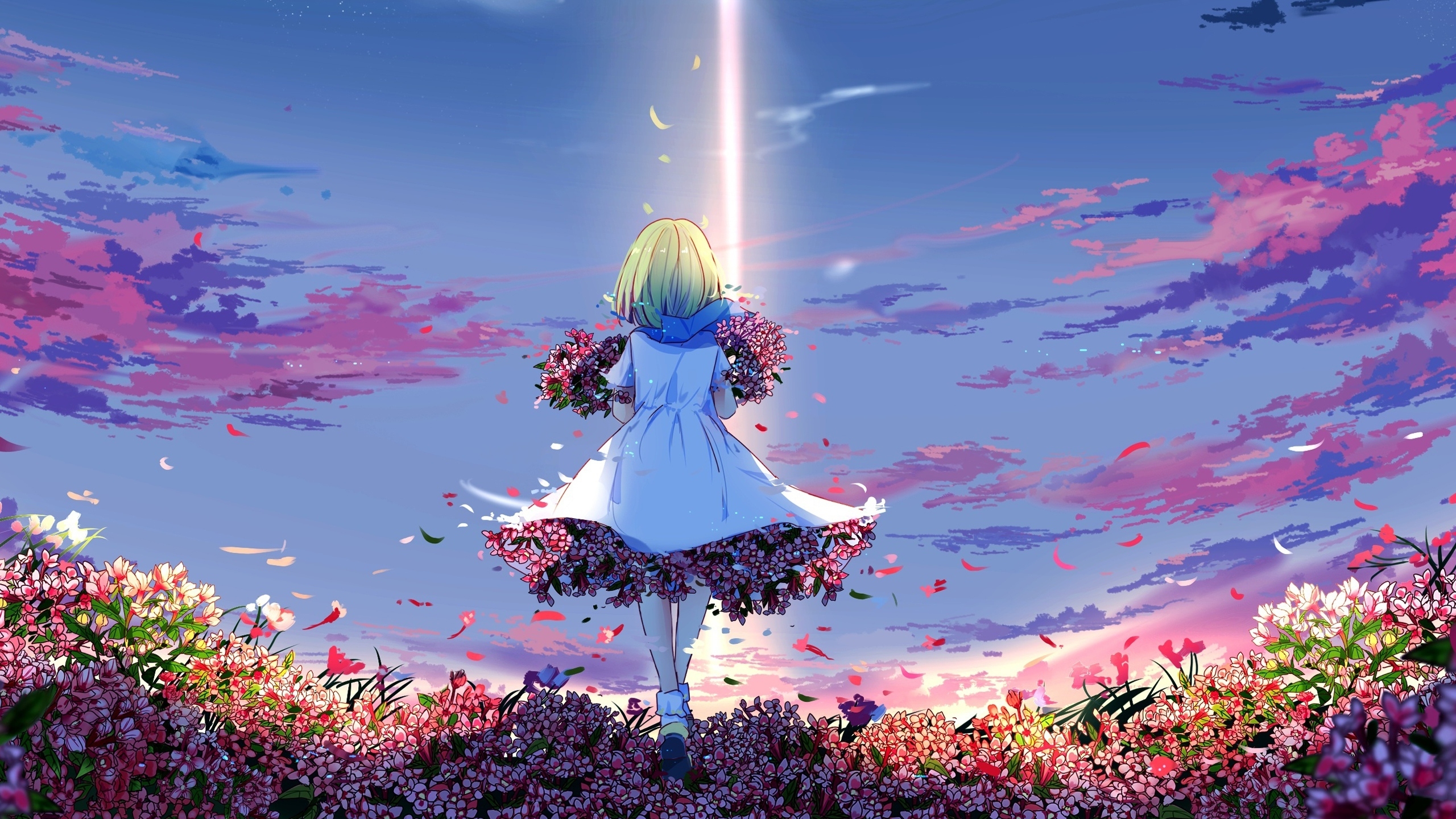 Wallpaper Light, Green Hair, Colorful Flowers, Spring, Back View, Anime Girl:2560x1440