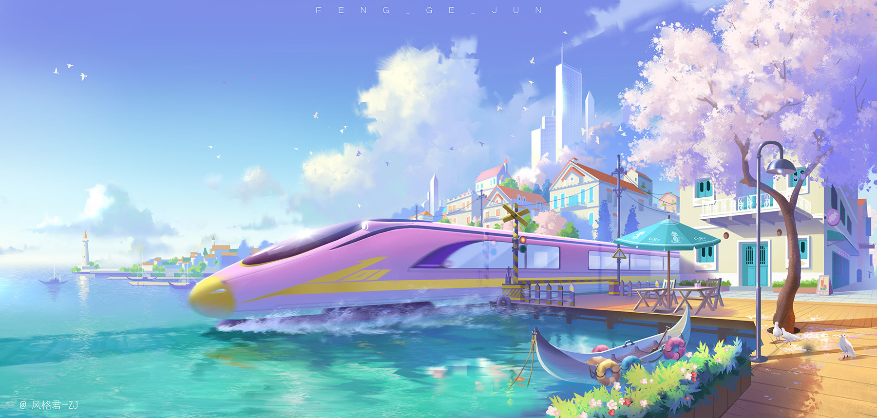 Jun Zhang Fantasy Art Digital Art Asian Architecture Landscape Train Canoe Water Lighthouse Pink Fan Wallpaper:1800x858