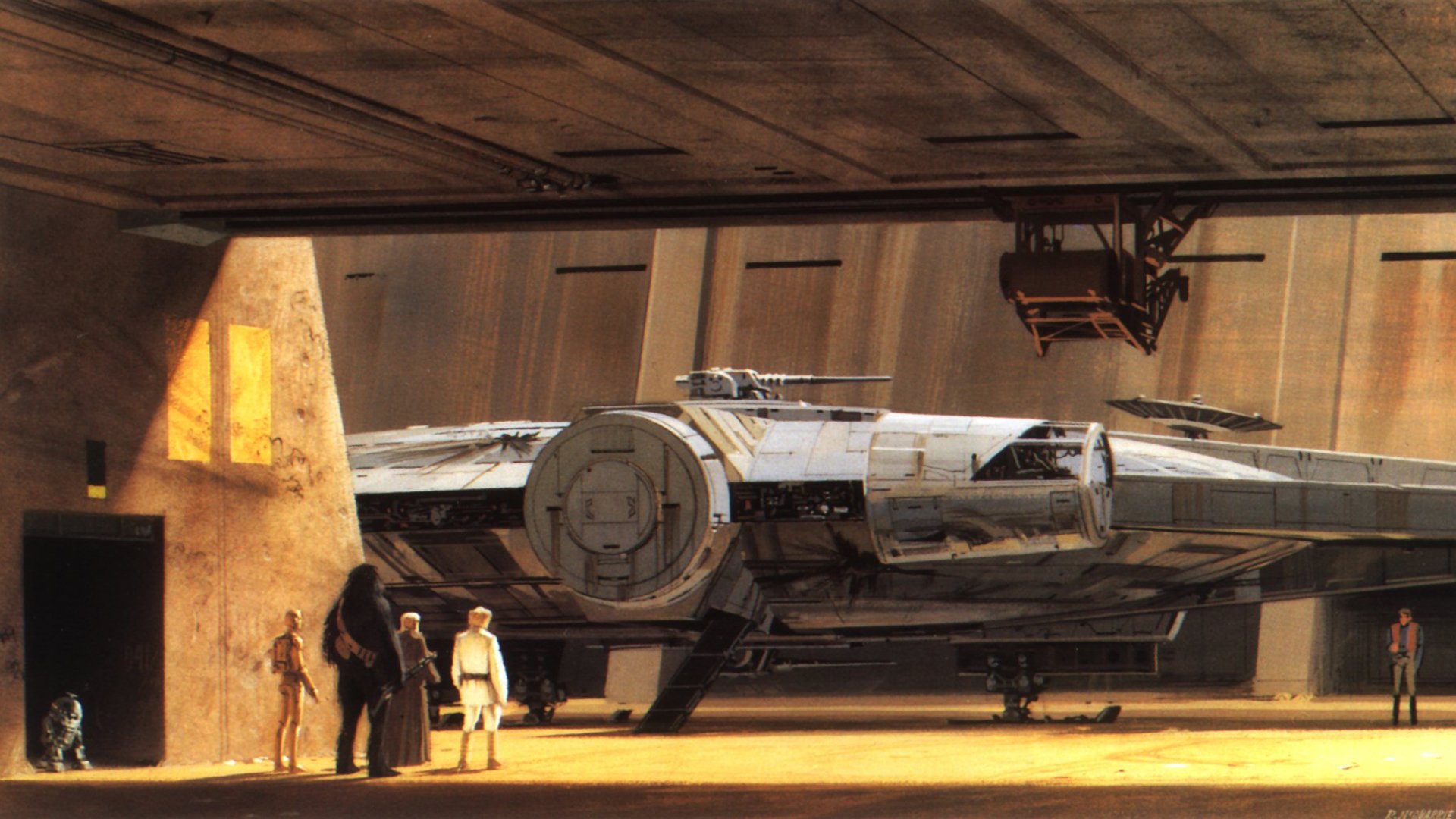 C3PO R2D2 Luke Skywalker Chewbacca Millennium Falcon Obi Wan Kenobi Tatooine Star Wars: New Hope Wallpaperx1080