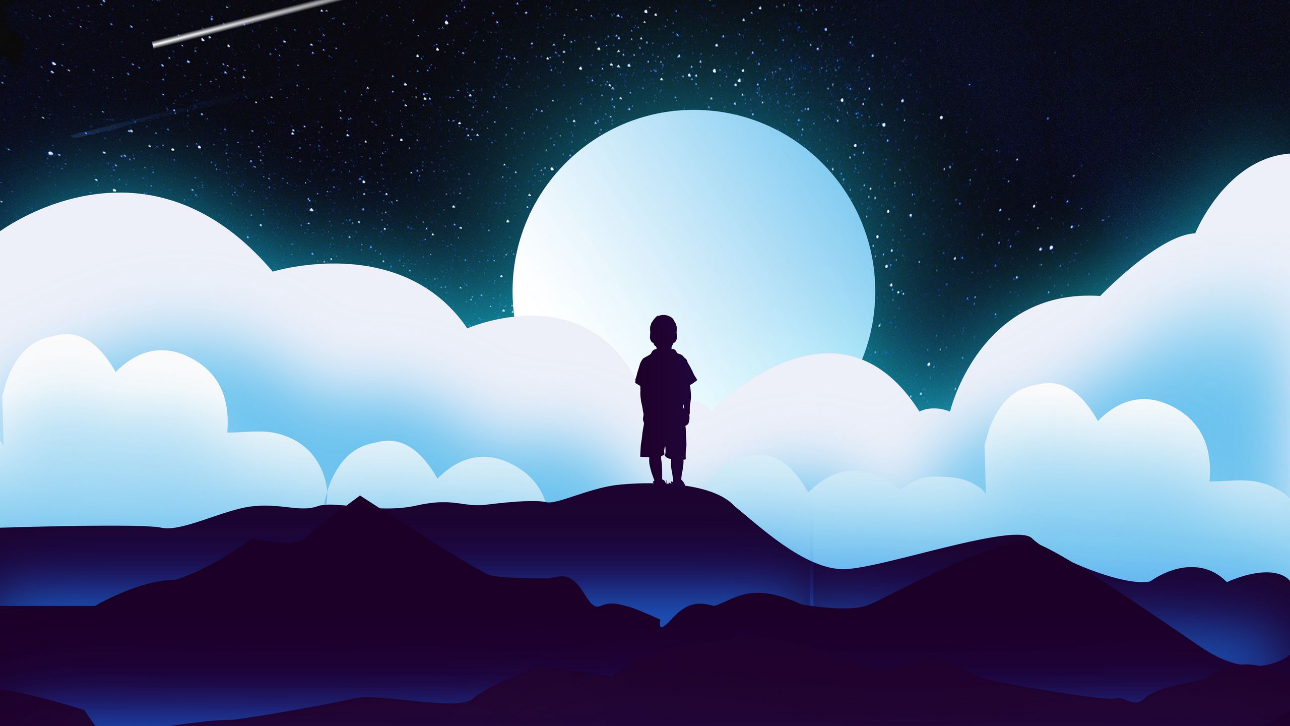 Download wallpaper 2560x1440 child, silhouette, space, clouds, moon, vector widescreen 16:9 HD background