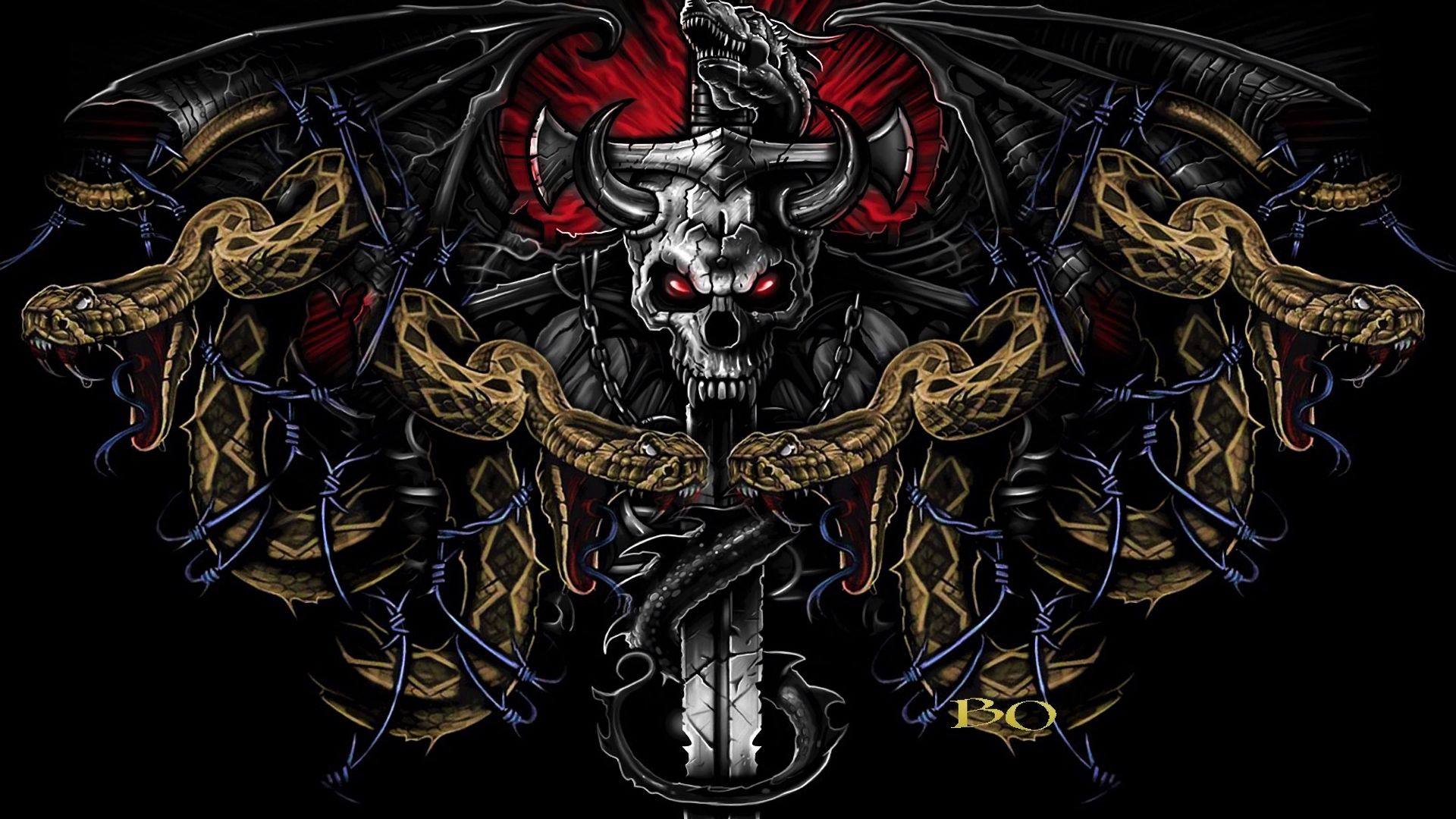 Desktop Wallpaper Skull, Sword, Snake, Dark, Art, HD Image, Picture, Background, 770b5a