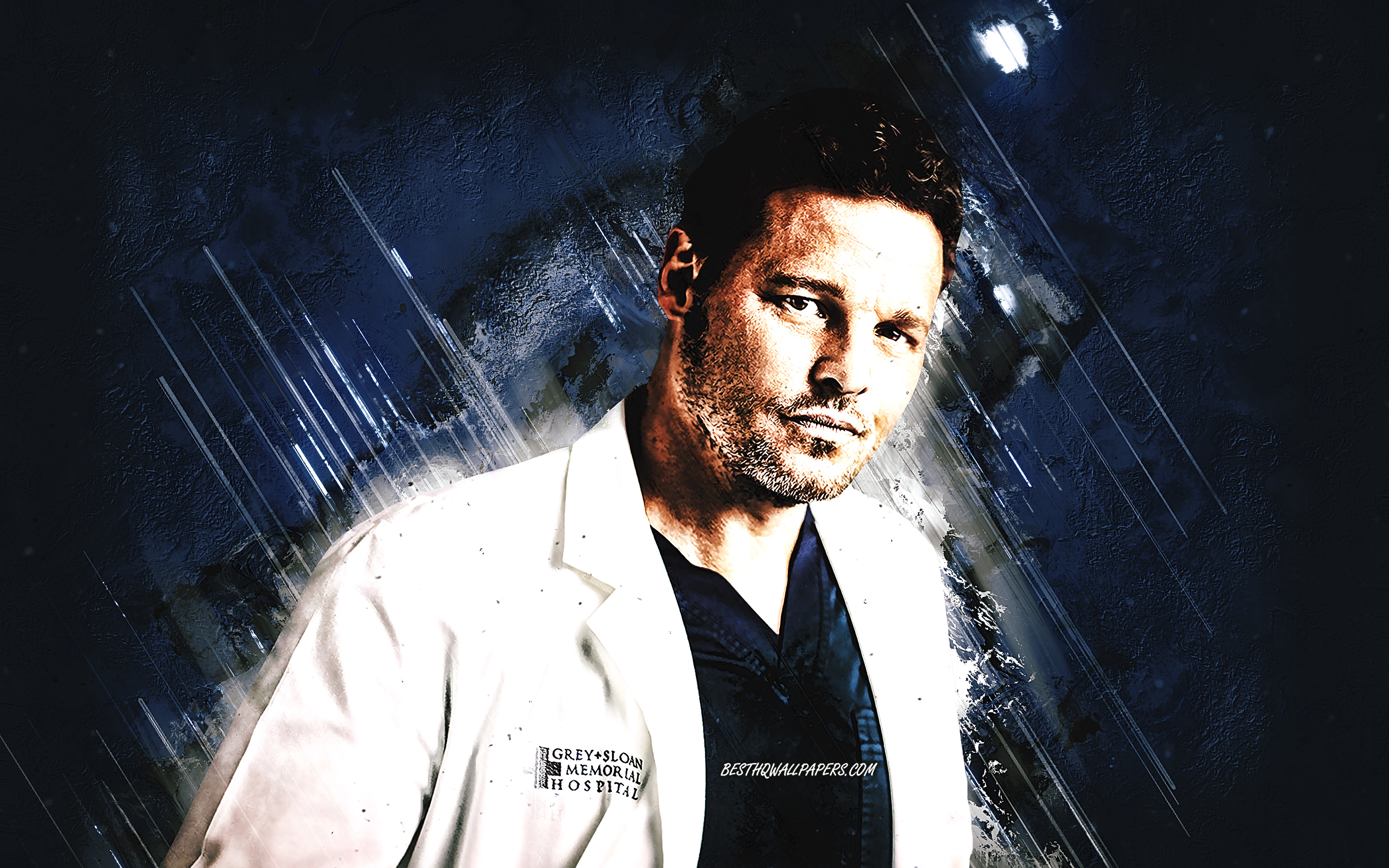 Download wallpaper Justin Chambers, american actor, portrait, blue stone background, Dr Alex Karev, American fashion model for desktop with resolution 2880x1800. High Quality HD picture wallpaper
