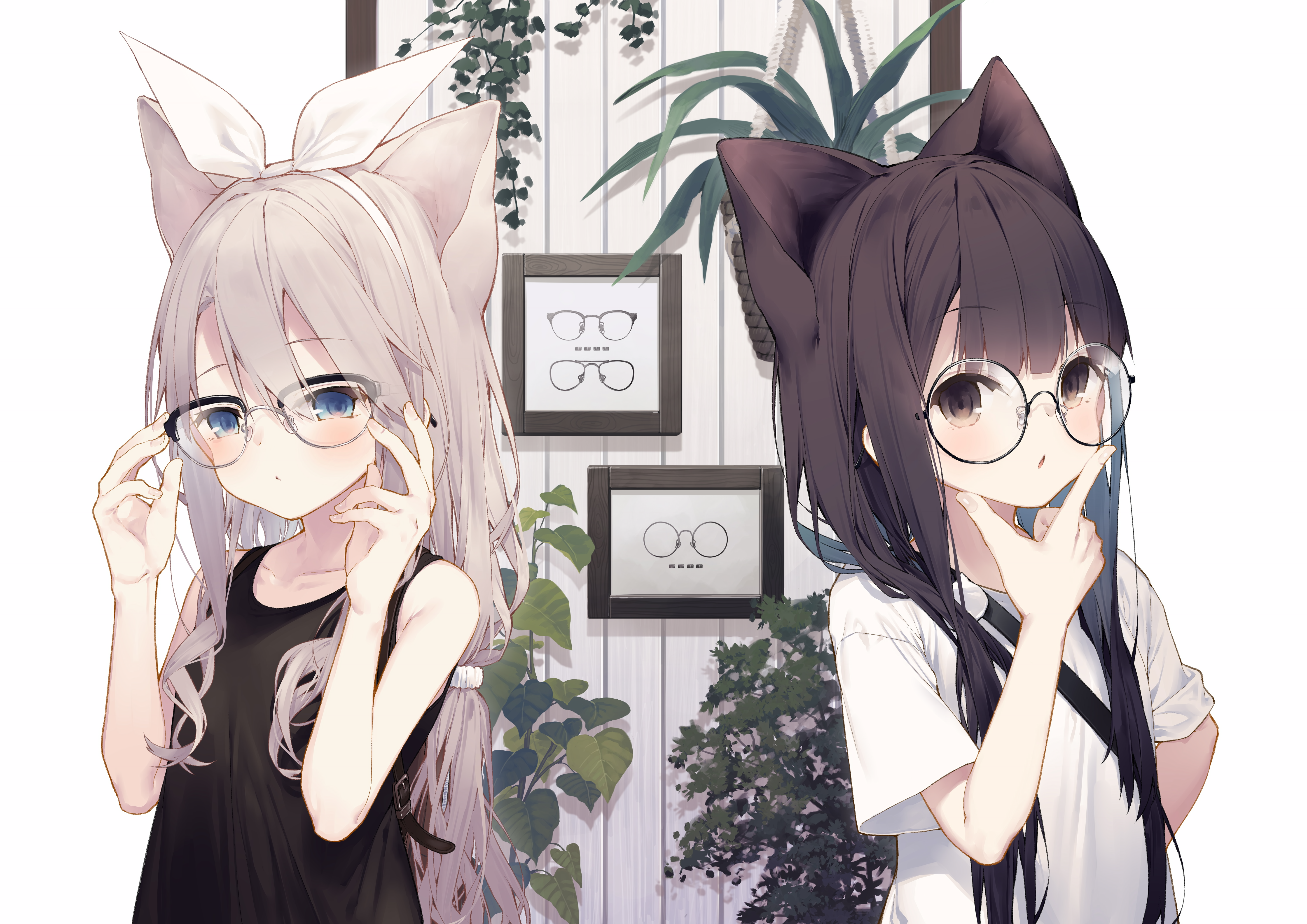 Anime Girls Original Characters Glasses Animal Ears Long Hair Gray Hair Black Hair Wallpaper:5787x4093