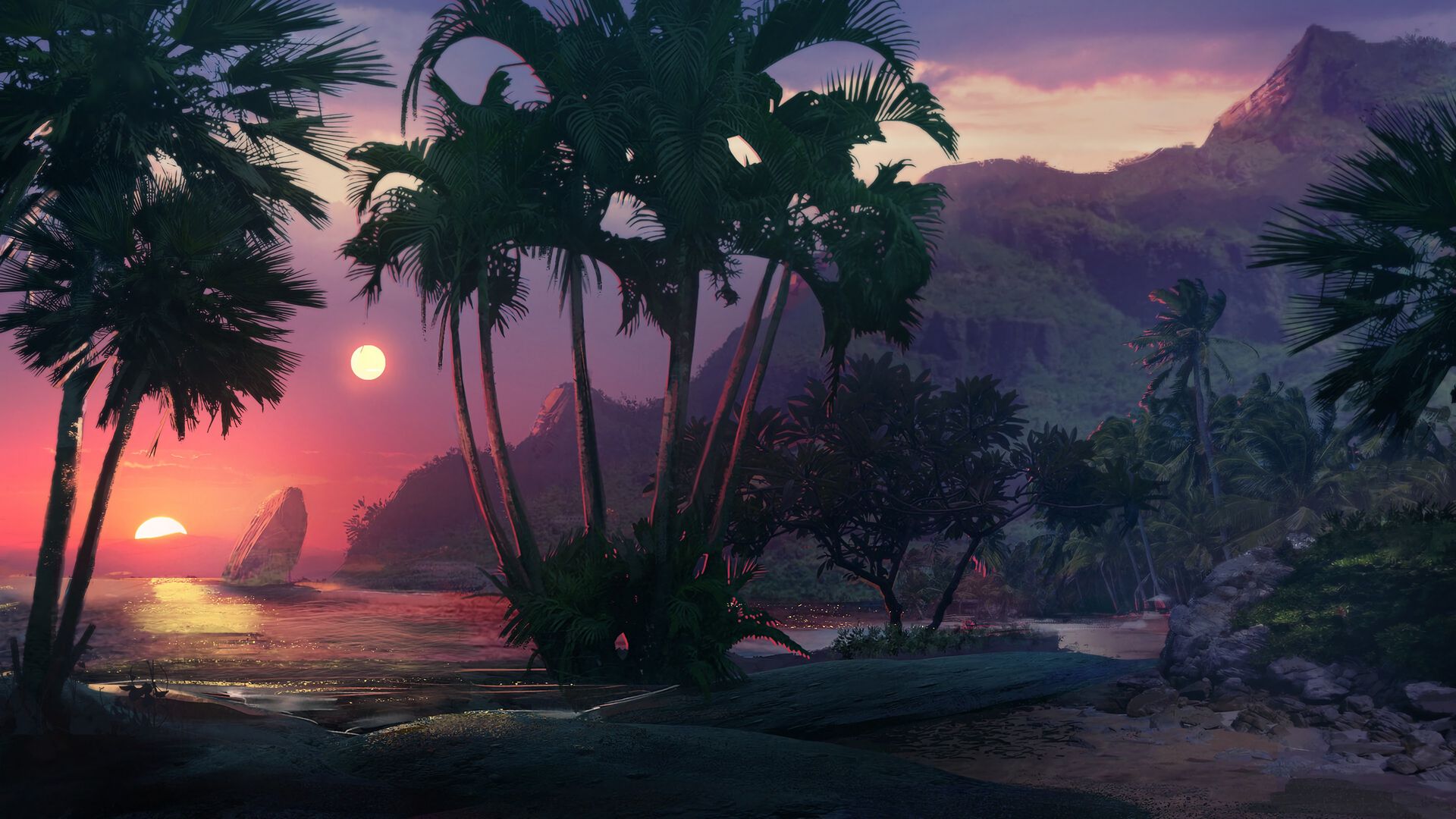 Download wallpaper 1920x1080 sunset, beach, palm trees, sea, art full hd, hdtv, fhd, 1080p HD background