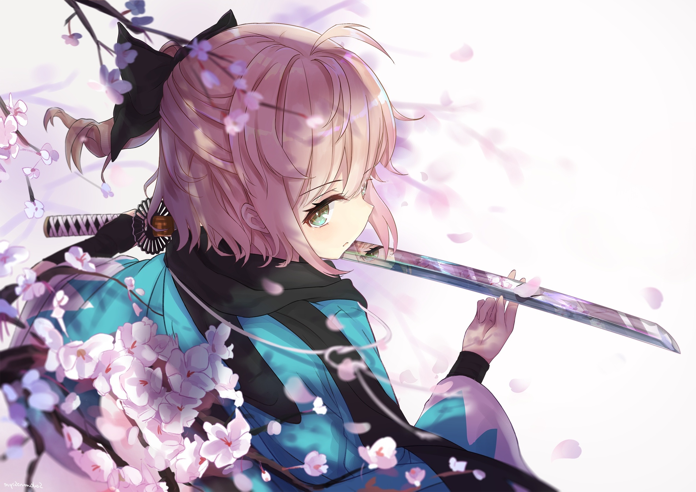 Wallpaper Katana, Sakura Saber, Fate Grand Order, Sakura Blossom, Pink Hair:2339x1653