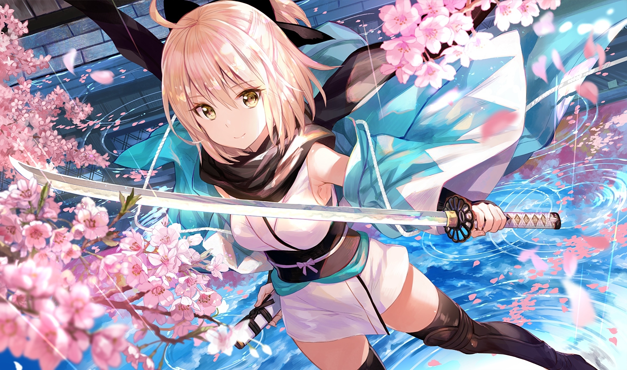 Wallpaper Fate Grand Order, Blonde, Cherry Blossom, Coat, Sakura Saber, Black Scarf, Katana:2158x1272
