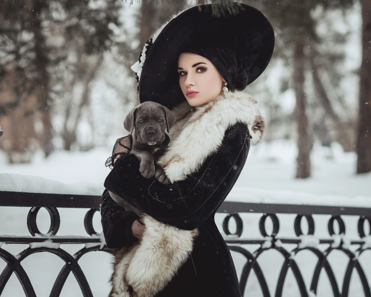Download black clothing, winter, girl model with dog, puppy 1280x1024 wallpaper, standard 5:4 fullscreen wallpaper, 1280x1024 HD image, background, 4407