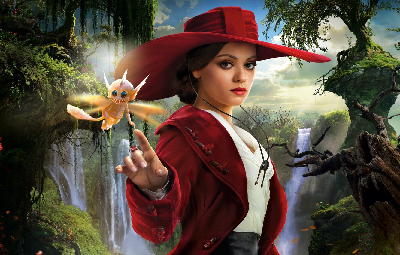Wallpaper forest, trees, waterfall, hat, being, fantasy, in red, sorceress, poster, Mila Kunis, Mila Kunis, Oz the Great and powerful, Oz the Great and Powerful, Wicked Witch of the West, Theodora image