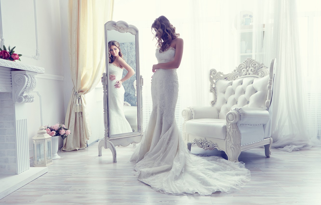 Wallpaper style, reflection, chair, dress, mirror, the bride, wedding dress image for desktop, section стиль