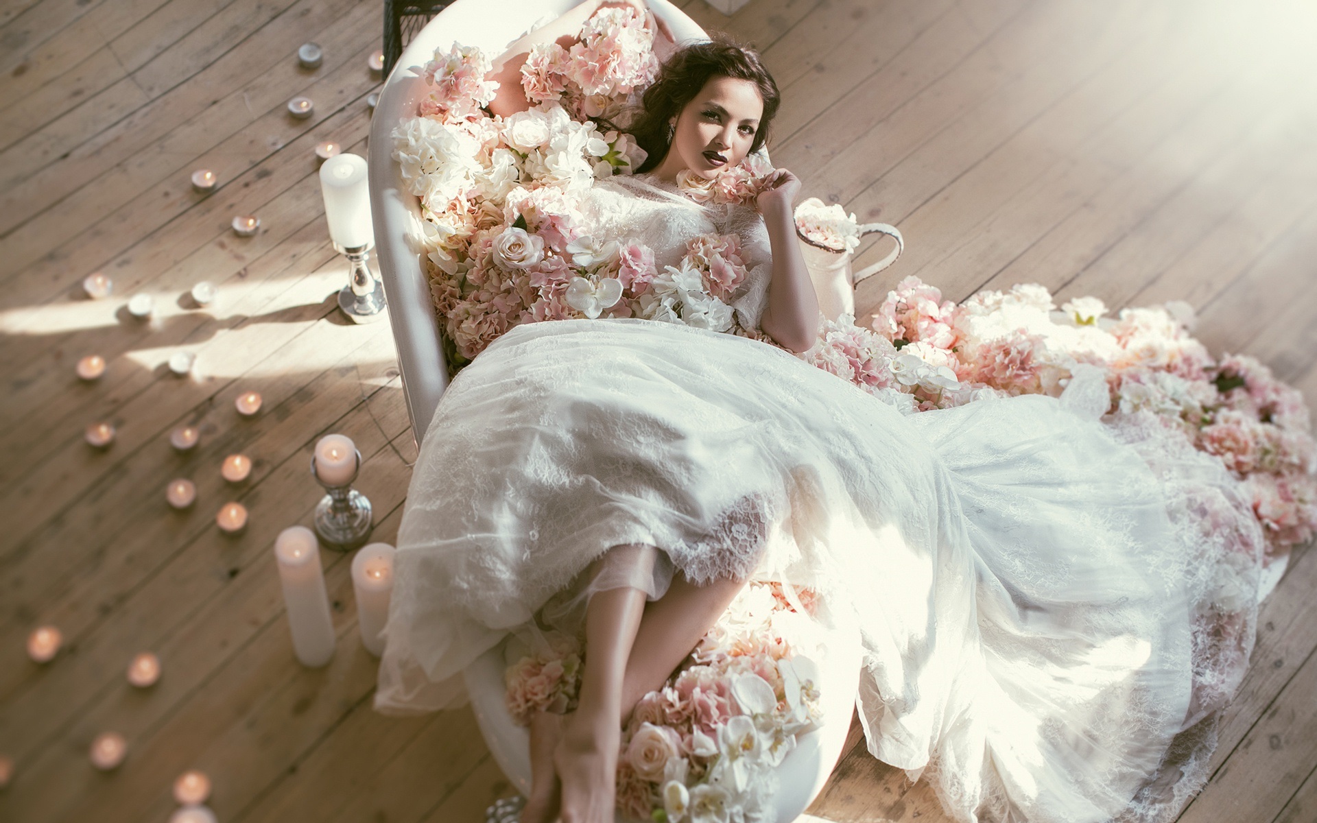 Wallpaper Wedding Dress, Bride, Flowers, Candles