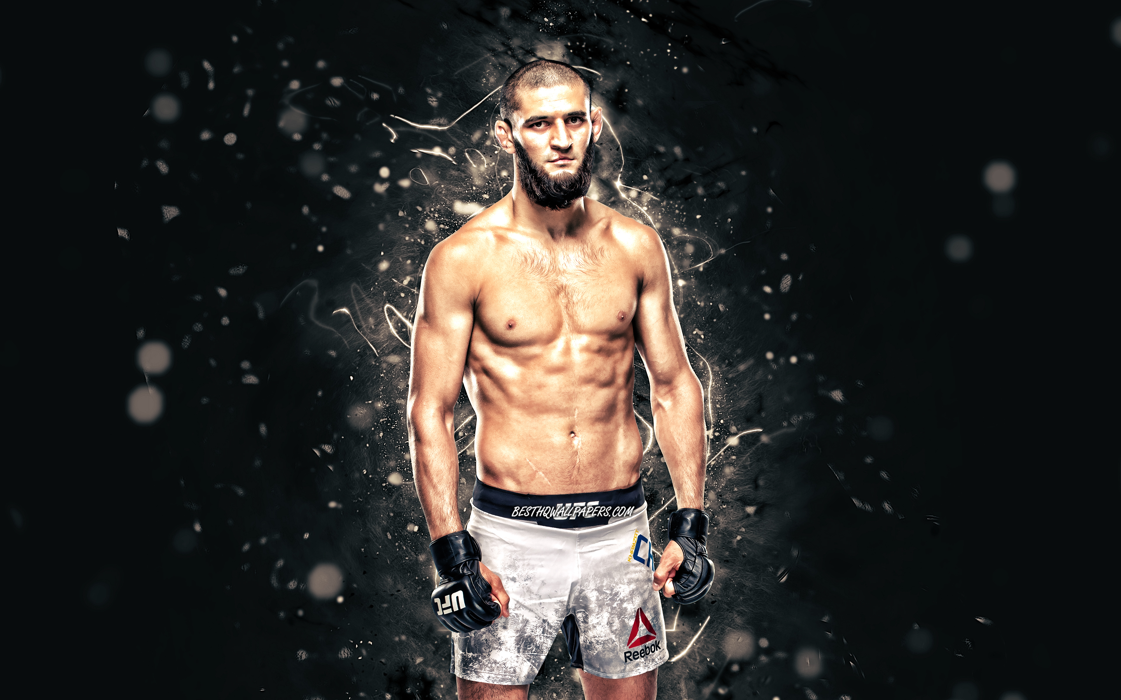 Download wallpaper Khamzat Chimaev, 4k, white neon lights, Swedish fighters, MMA, UFC, Mixed martial arts, Khamzat Chimaev 4K, UFC fighters, MMA fighters for desktop with resolution 3840x2400. High Quality HD picture wallpaper