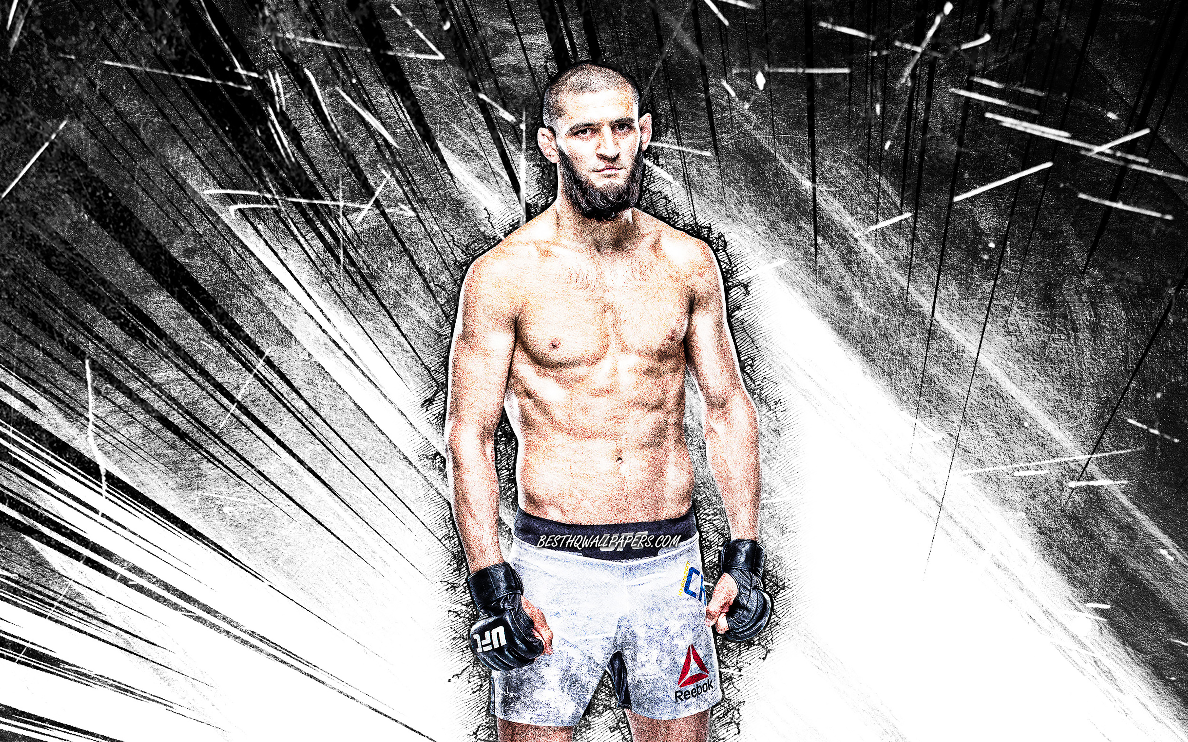 Download wallpaper 4k, Khamzat Chimaev, grunge art, Swedish fighters, MMA, UFC, Mixed martial arts, white abstract rays, Khamzat Chimaev 4K, UFC fighters, MMA fighters for desktop with resolution 3840x2400. High Quality HD