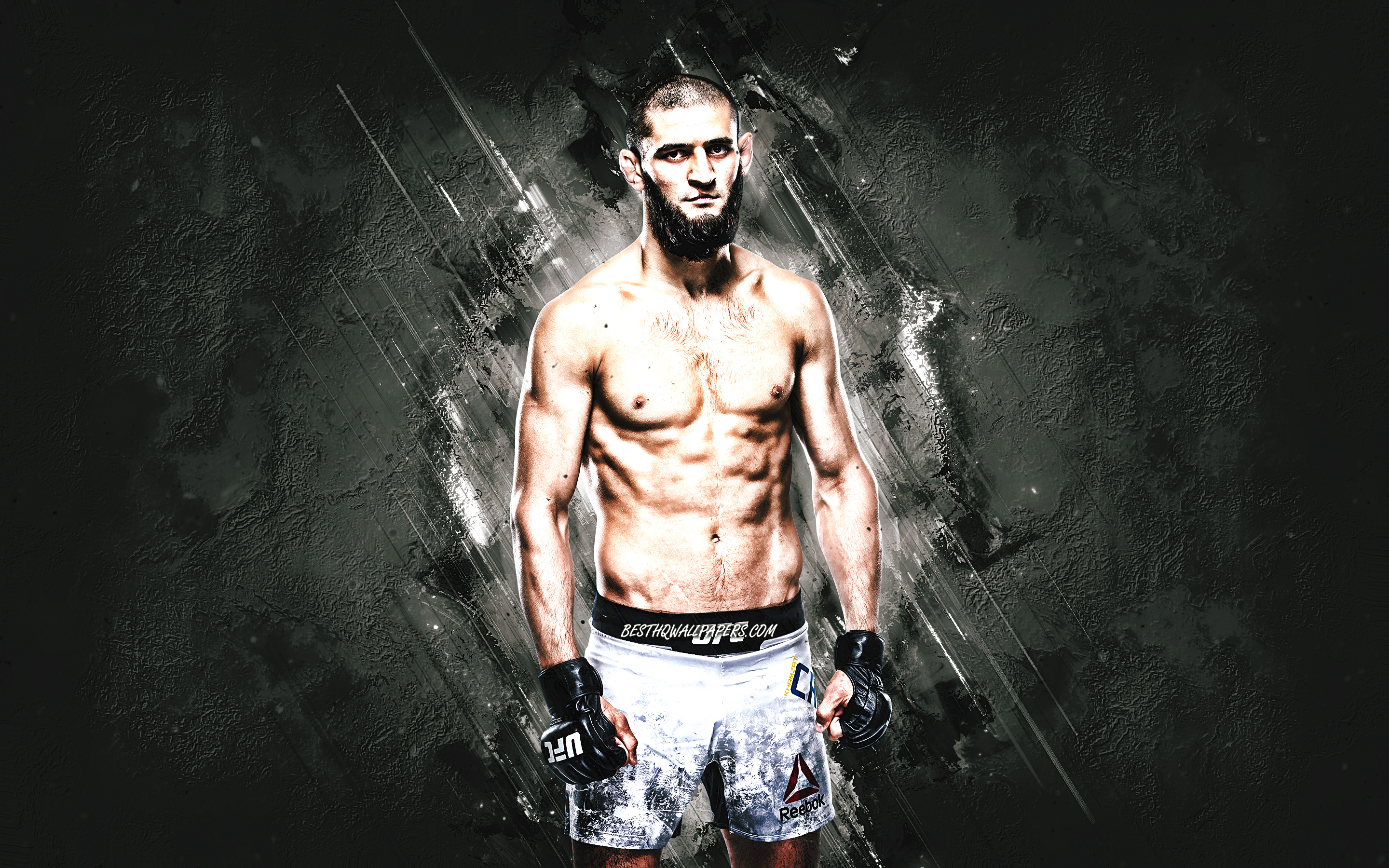 Download wallpaper Khamzat Chimaev, UFC, MMA, Swedish fighter, gray stone background for desktop with resolution 2880x1800. High Quality HD picture wallpaper